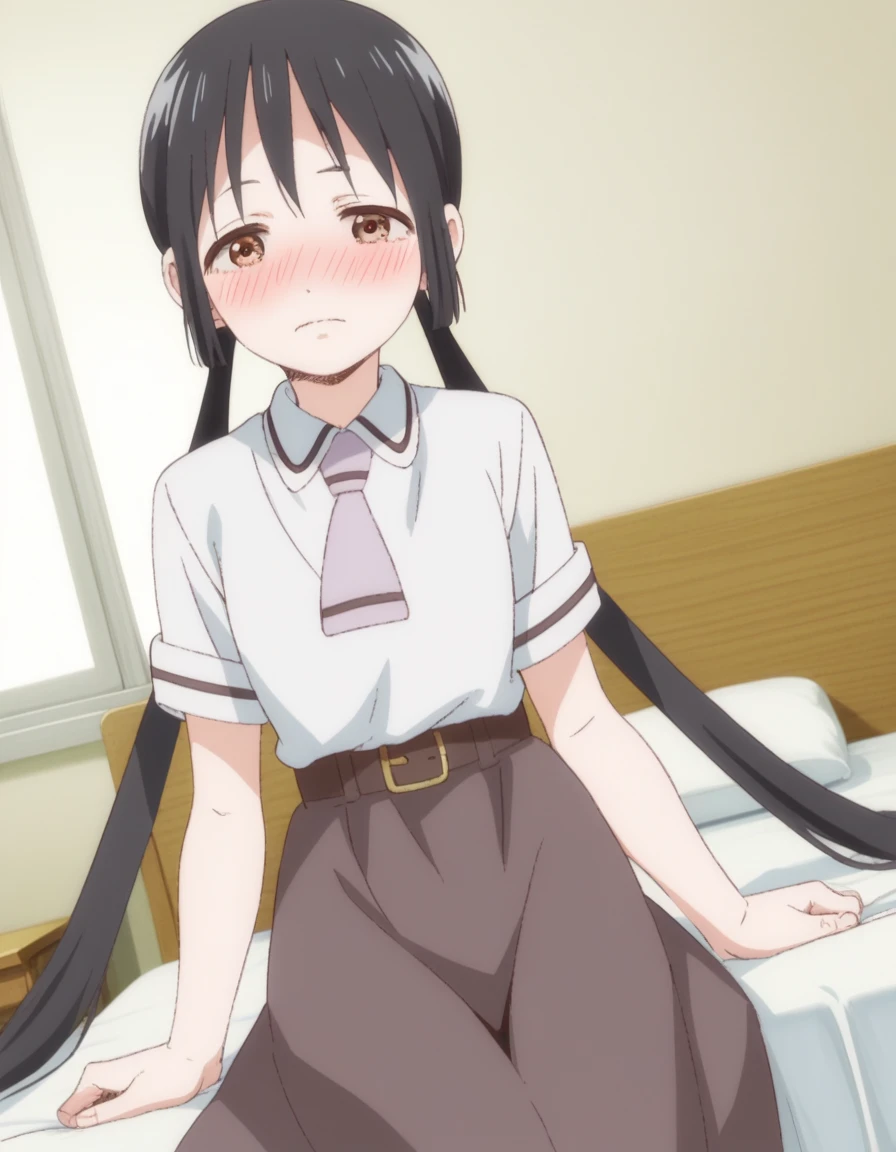 score_9, score_8_up, score_7_up, source_anime,
hanakohonda, <lora:hanako-honda-s1-ponyxl-lora-nochekaiser:1>,
hanako honda, long hair, black hair, twintails, brown eyes, low twintails,
dress, school uniform, necktie, belt,
indoors, bed, bed room, on side, blush, drunk,
looking at viewer, cowboy shot, dutch angle, solo,