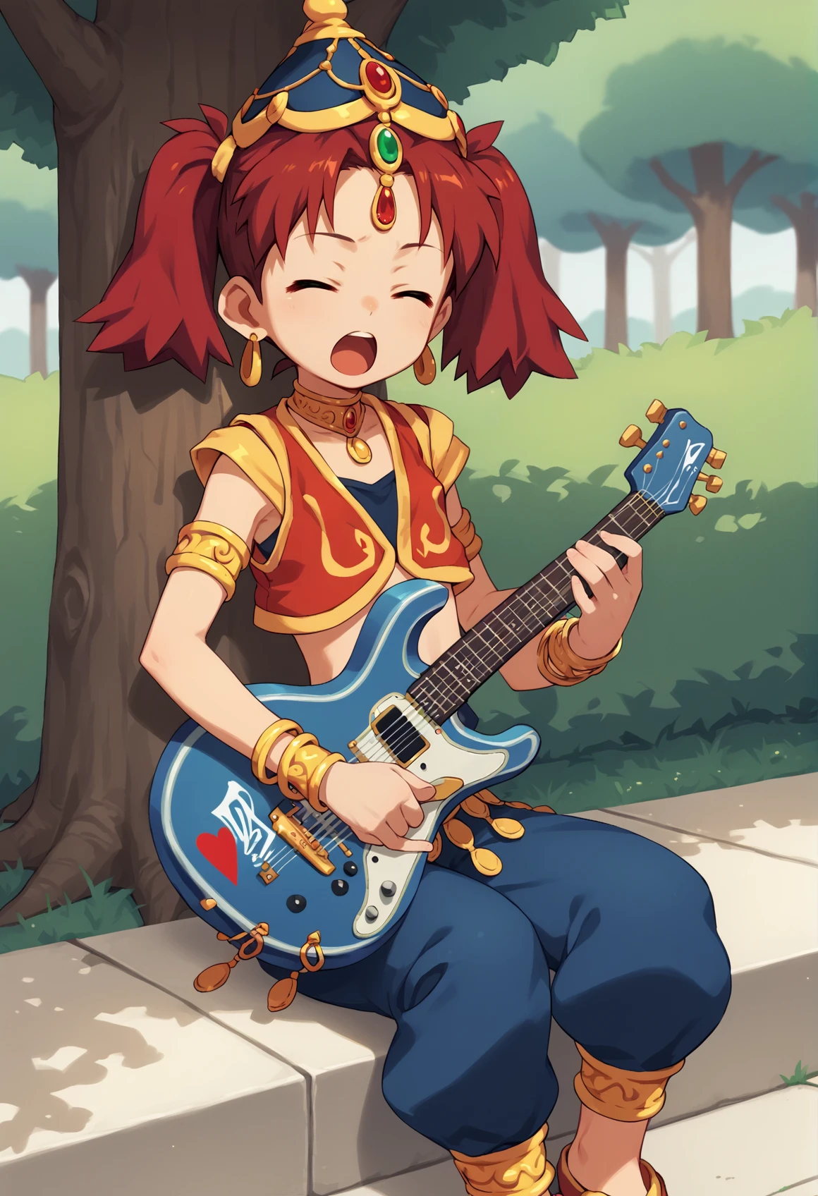 1girl, solo, red hair, twintails, green eyes, earrings, arabian clothes, blue harem pants, pointy hat, forehead jewel, red vest, neck ring, armlet, bracelet, jewelry, tank top, sitting, outdoors, park, tree, playing instrument, guitar, singing, closed eyes, open mouth <lora:Sayaka_Ape_Scape:1>, score_9, score_8_up, score_7_up, score_6_up, score_5_up, score_4_up, BREAK source_anime, masterpiece
