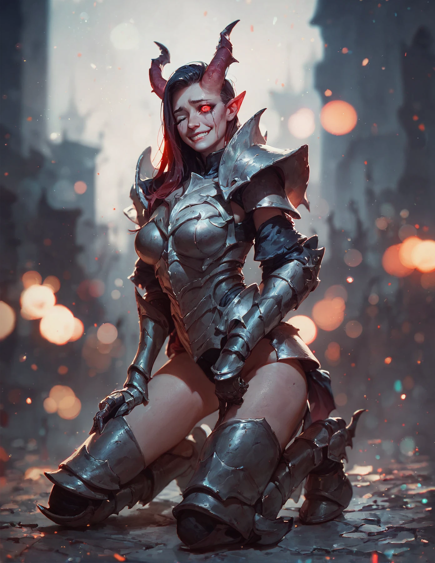 score_9, score_8_up, score_7_up, full body, demon, kneeling, fully featured armor, wink eyes, sad smile, cinematic, (bokeh:0.8), perfect shadows, bold, dystopic darkness, sadness