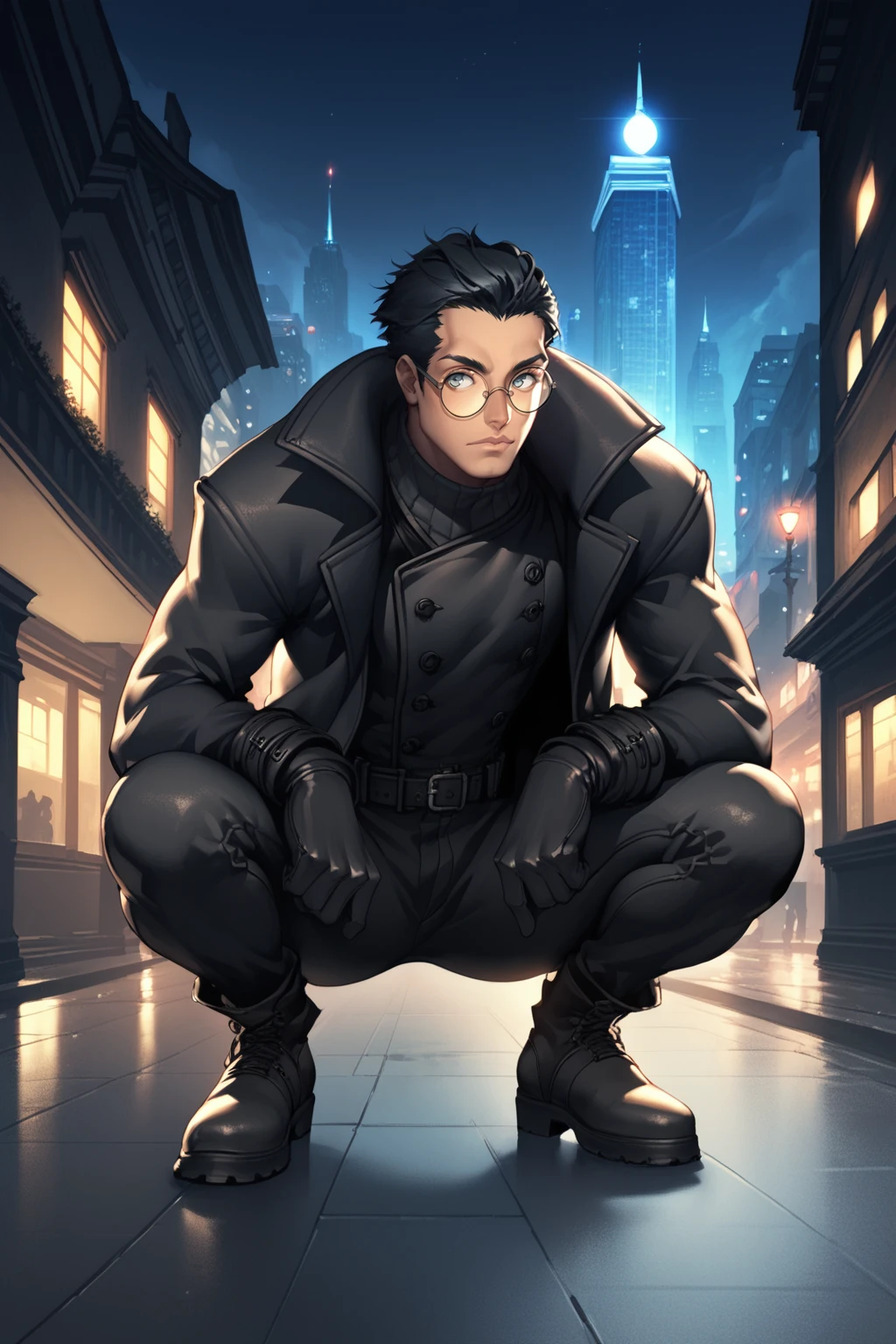 score_9, score_8_up, score_7_up, masterpiece, high quality
<lora:Spiderman noirPonyLora:1> spdrmnnr, older man, short black hair, vest, gloves, trench coat, pants, boots, belt, squatting on the egde of a high building at night, city lights in background, round glasses
 <lora:Blade&SoulPonyLyco:1> bns