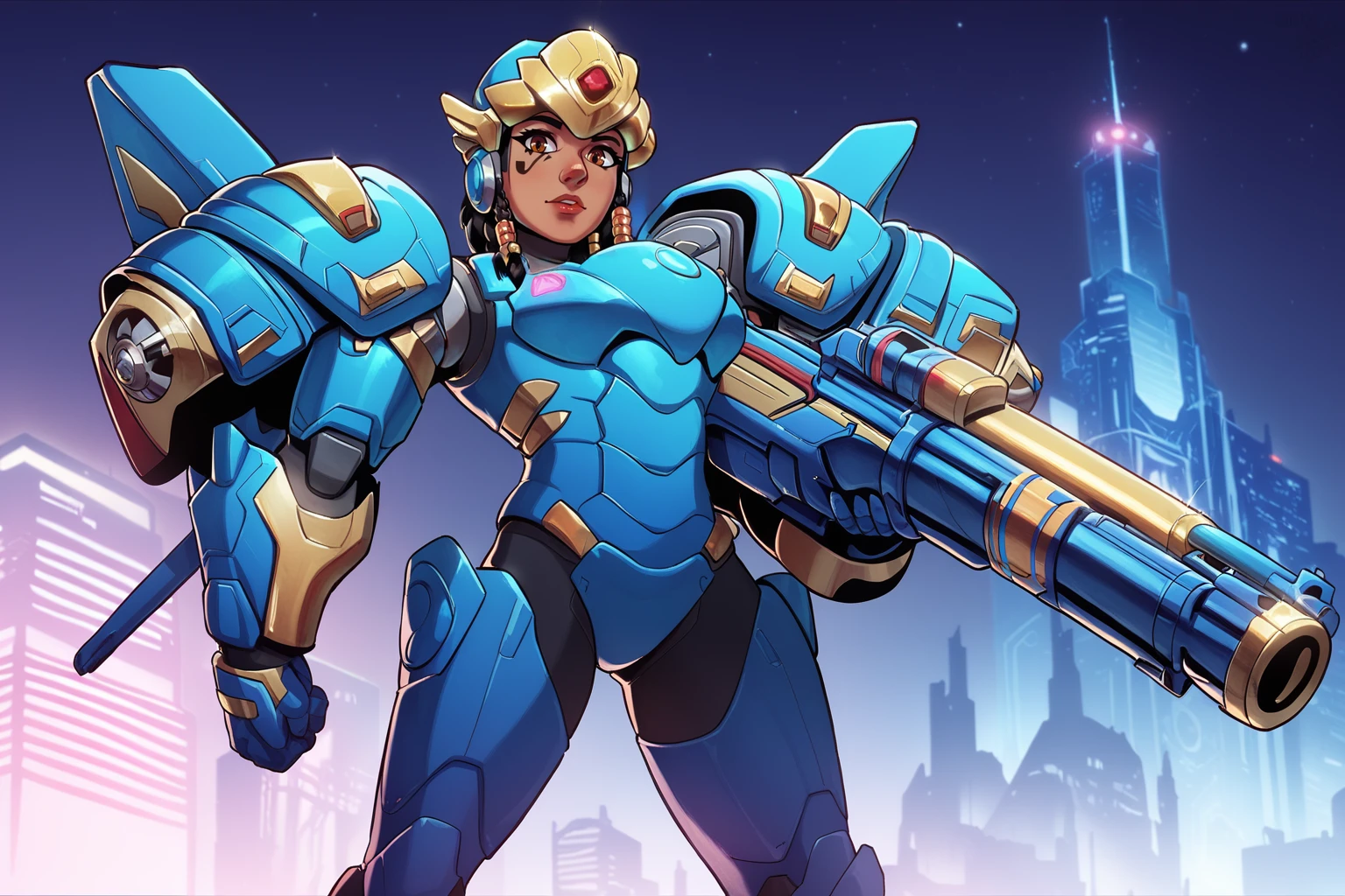 score_9, score_8_up, score_7_up, masterpiece, high quality,
<lora:PharahPonyLora:0.9> phrah, hair tubes, facial tattoo, side braids, power armor, golden helmet, jetpack, thrusters, at night, neon llights, citylights, holding gun, rocket launcher