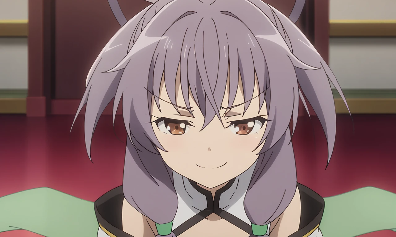anime artwork illustrating Fan_Xinglou \(Gakusen Toshi Asterisk\), 1girl, brown eyes, short hair, purple hair, smug ,solo, school uniform \(Gakusen Toshi Asterisk\), bare shoulder, green shawl, petite, small breasts,best quality, 8k, masterpiece, animestye. created by japanese anime studio. highly emotional. best quality, high resolution