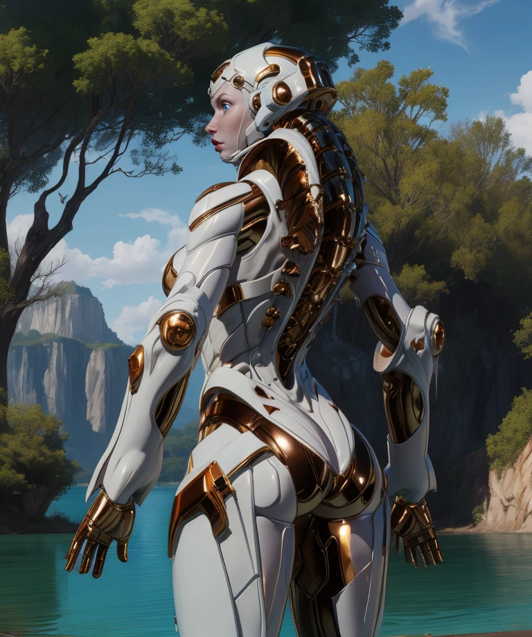 muriel,blue eyes,helmet,lips,white armor,
science fiction,joints,shiny,cleavage,from from behind,ass,
outdoors,lake,utopia, from below, 
(insanely detailed, masterpiece, best quality),<lora:Muriel:0.9>,