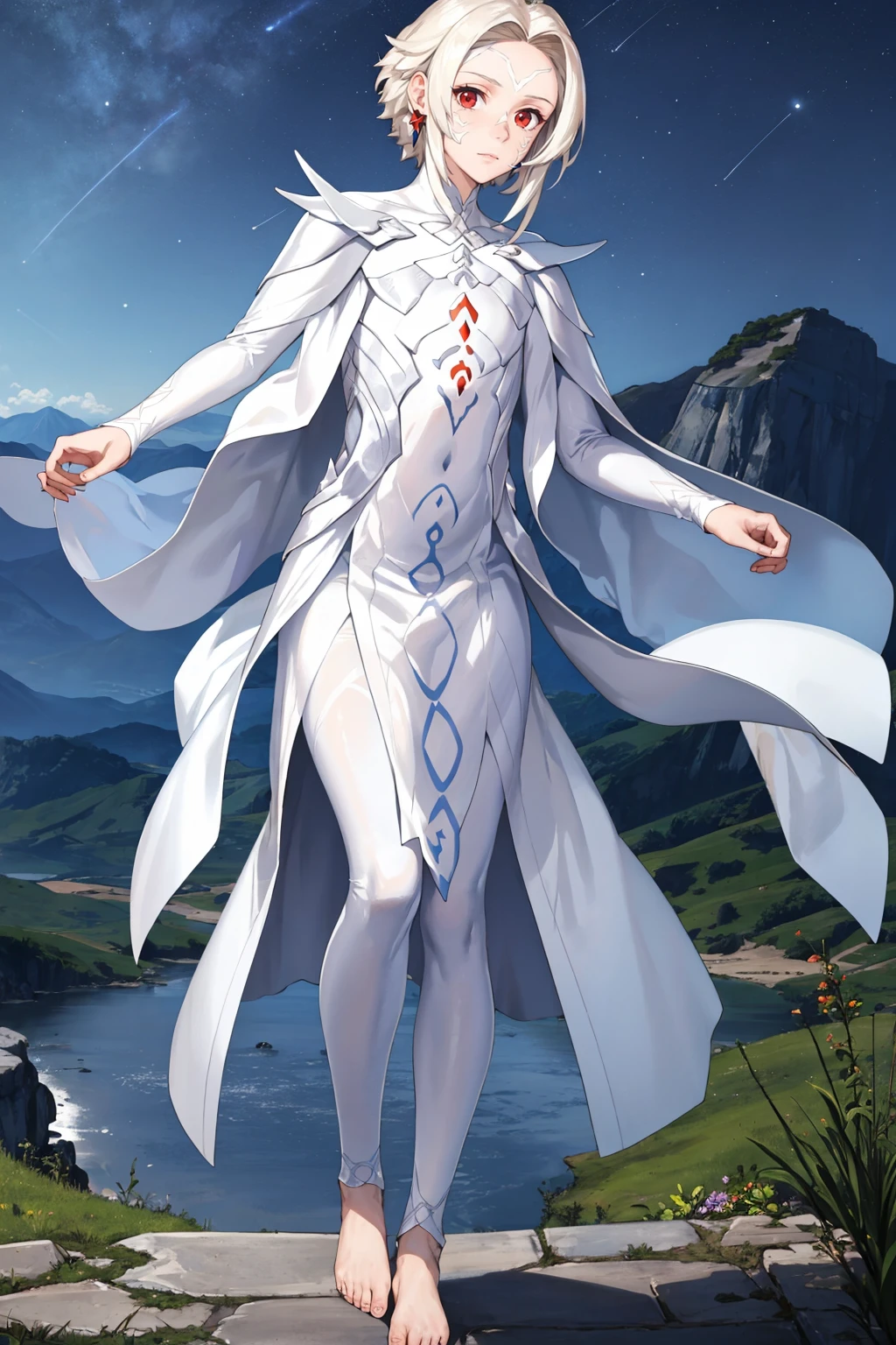 masterpiece, best quality, <lora:arval-nvwls-v1-000009:0.9> arval, pale skin, facial mark, white cape, white robe, long sleeves, looking at viewer, expressionless, night sky, mountains, barefoot