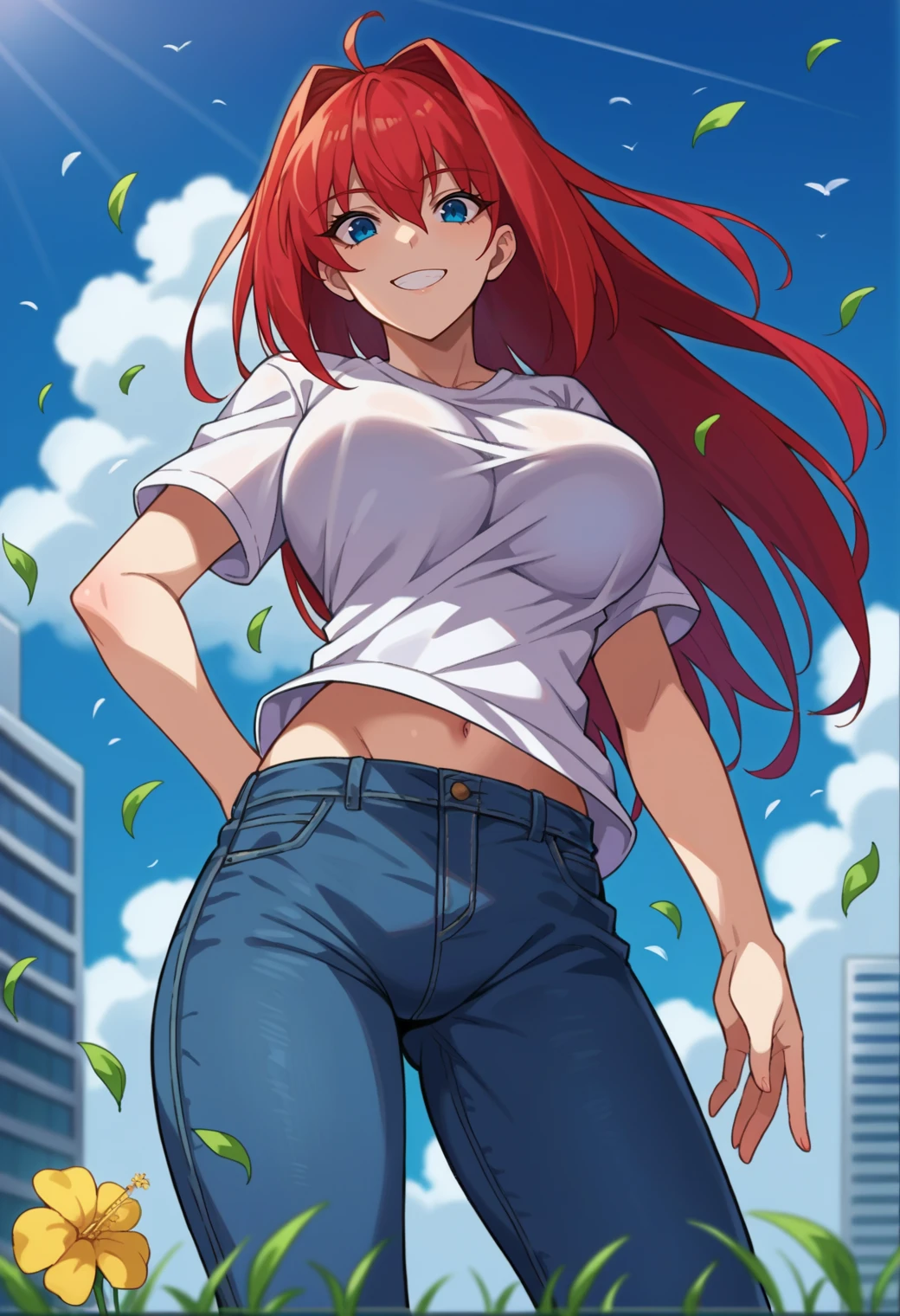 score_9, score_8_up, source_anime  BREAK solo, 1girl, looking at viewer, cowboy shot, 
<lora:AozakiPdxlDwnsty-000008:1>, aozakired, blue eyes, red hair, hair intakes, white shirt, t-shirt, jeans, denim, blue pants, short sleeves, 
curvy, large breasts, evil smile, 
outdoors, grass, wind, building, flower field, blue sky, sunlight, from below,