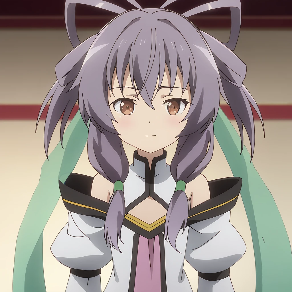 anime artwork illustrating Fan_Xinglou \(Gakusen Toshi Asterisk\), 1girl, brown eyes, short hair, purple hair, solo, school uniform \(Gakusen Toshi Asterisk\), bare shoulder, green shawl, petite, small breasts,best quality, 8k, masterpiece, animestye. created by japanese anime studio. highly emotional. best quality, high resolution