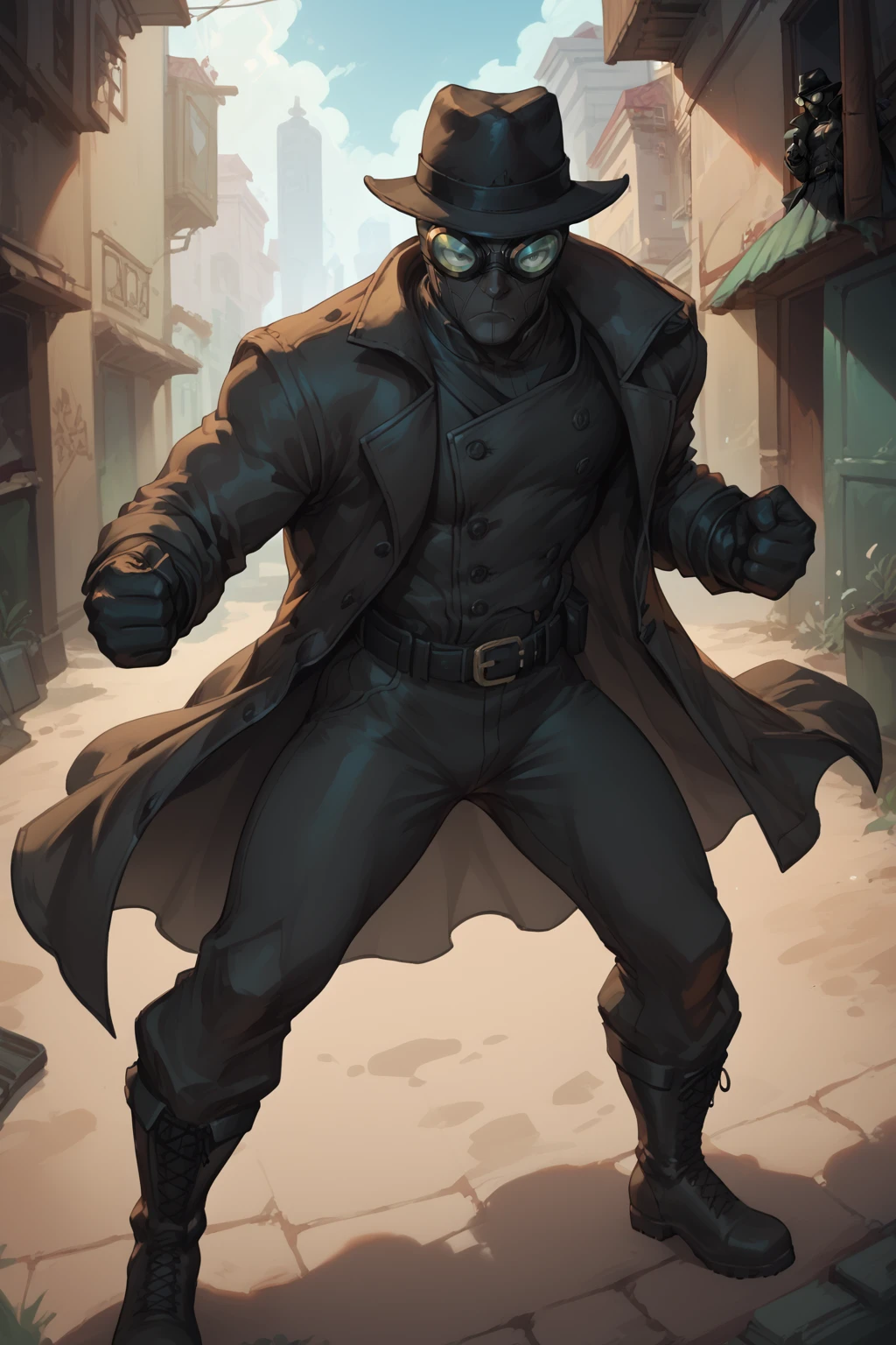 score_9, score_8_up, score_7_up, masterpiece, high quality
<lora:Spiderman noirPonyLora:0.9> spdrmnnr, googles, mask, trench coat, vest, gloves, pants, hat, boots, belt, fist fightin stance, in an alley, upper body