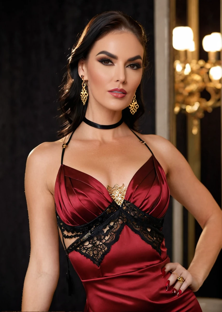 glamorous photo of a captivating masterpiece of an woman in a (((criss-cross neckholder dress made of satin))) ,long earrings, necklace, half body, The intricate lace and gold details exude a very rebellious aura. ((The use of high-shine gloss adds a touch of glamour to the look)), ((while the deep red and black hues give it a dramatic vibe)), dark blurred background, studio ligthing, facing camera, shallow depth of field, <lora:MS_VenusValencia_V1_SDXL:0.8>, high fashion, luxurious, extravagant, stylish, sensual, opulent, elegance, stunning beauty, professional, high contrast, detailed,
