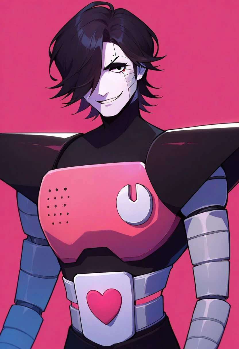 score_9, score_8_up, score_7_up, source_anime, solo, 1boy, sexy boy, Mettaton, robot boy, black hair, hair covering left eye, black eyes, makeup, white skin, pink chest piece, black shoulder pads, black eyeshadow, smirk, stylish, dynamic sexy pose, portrait, close up, headshot, standing, looking at viewer, standing, BREAK, Hot pink background