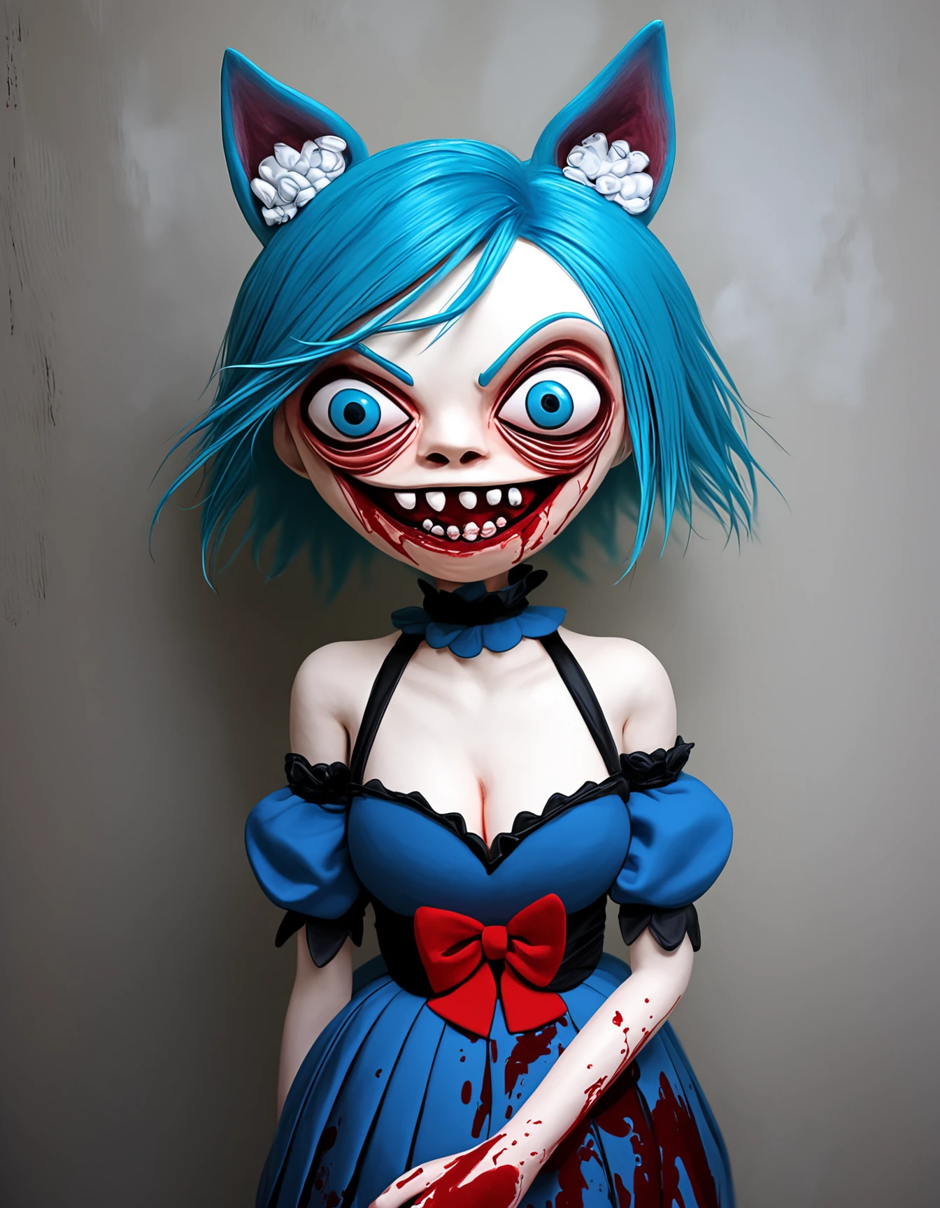 score_9, score_8_up, score_7_up, score_6_up, score_5_up, score_4_up,  
moodymisfits,Expressiveh, (creepy doll:1.15),serious expression, angry,scar,blood on face,rotten teeth, grotesque, 
Wolfychu, blue hair, blue eyes, (masterpiece, best quality, high quality, highres, ultra-detailed), (short sky-blue hair), body covered in white fur, animal ears, (bangs), animal ear fluff, open mouth, wolf girl, (white wolf tail), (white wolf ears), blue eyes, highly detailed, ((medium breast)), HD, vibrant lighting, furry, short hair, shoulder length hair, average build, ((Wolfychu)), fully clothed, (small nose), ((bare shoulders)), black knee-highs, black knee highs, black knee-high socks, ((dark blue mini pleated skirt)), (cleavage), ((blue strapped vest dress)), ((puffy short sleeves)), ((puffy sleeves)), ((frilly choker)), fangs, virtual youtuber, clothing cutout, shoulder cutout, (blue dress), ((detached sleeves)), (red bow on dress), collarbone, looking at viewer, (1 girl, solo, 1girl), 
standing, indoors, dark room, crazy smile, glowing eyes, blood, blood on clothes, upper body, night, (crazy, crazy eyes, crazy smile, yandere:1.2), blood, blood splatter, blood on cheek, blood on knife, (holding knife in one hand), cute,