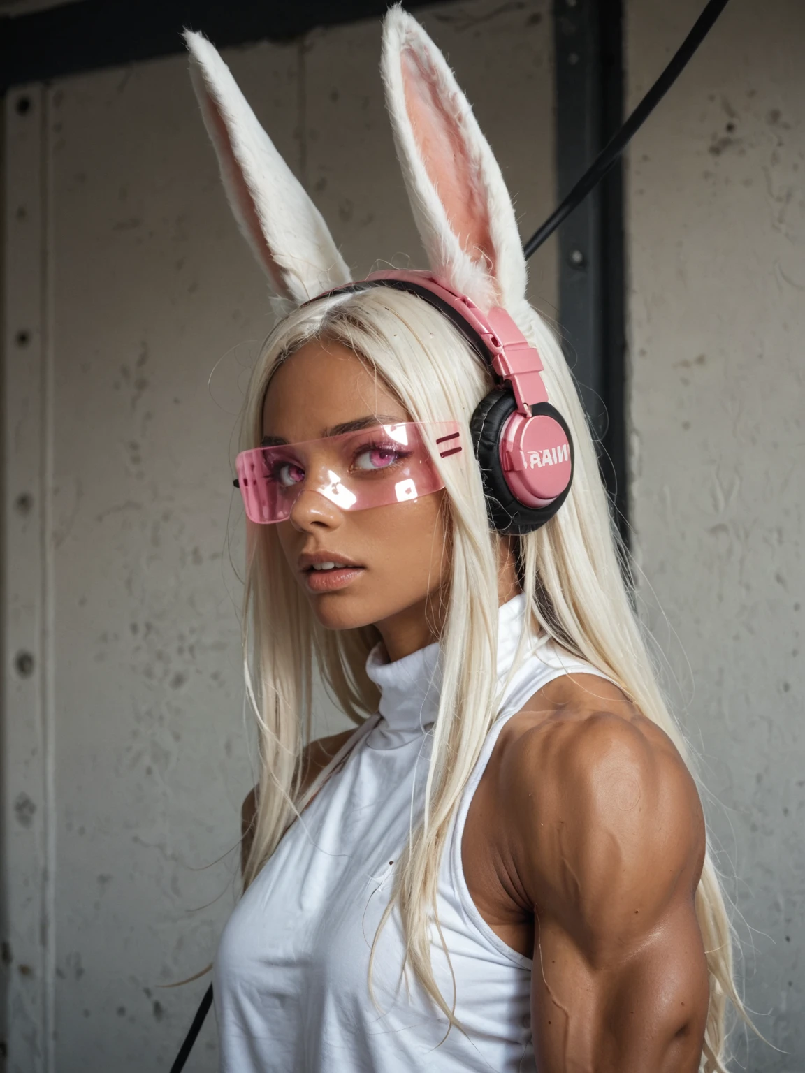 from side, 1girlrumi usagiyama, long hair, animal ears, white hair, dark skin, rabbit ears, dark-skinned female, muscular, rabbit girl, muscular female, parted bangs,expressionless,pink visor,glowing visor,headphones ,wire,standing , (empty eyes, pink eyes, no pupils), open mouth,  anime screencap, looking at the viewer, (raw,score_8_up),photo, raw,realistic