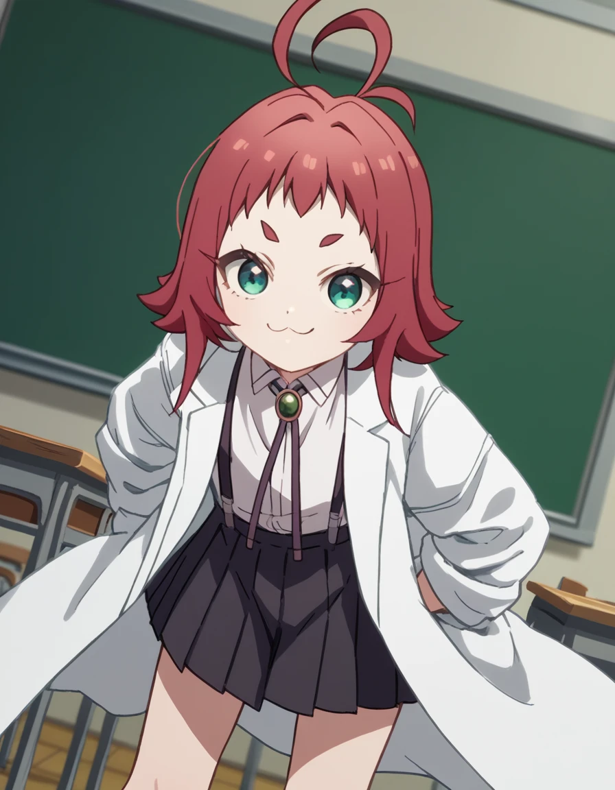 score_9, score_8_up, score_7_up, source_anime,
kusuriyakuzen, <lora:kusuri-yakuzen-s1-ponyxl-lora-nochekaiser:1>,
kusuri yakuzen, green eyes, red hair, antenna hair, ahoge,
short hair, white shirt, pleated skirt, collared shirt, black skirt, neck ribbon, suspenders, labcoat, suspender skirt, female child,
indoors, classroom, bent over, smile,
looking at viewer, cowboy shot, dutch angle, solo,