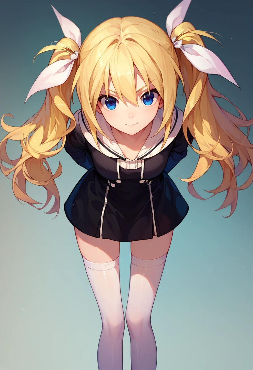 score_9, score_8_up, score_7_up, 1girl, HinaSchool, blue eyes, blonde hair, twintails, white hair ribbon, black short dress, white thighhighs, black sleeves, bent over, front view, looking at viewer, arms behind back, <lora:Arimura 10 DORA 3:1>