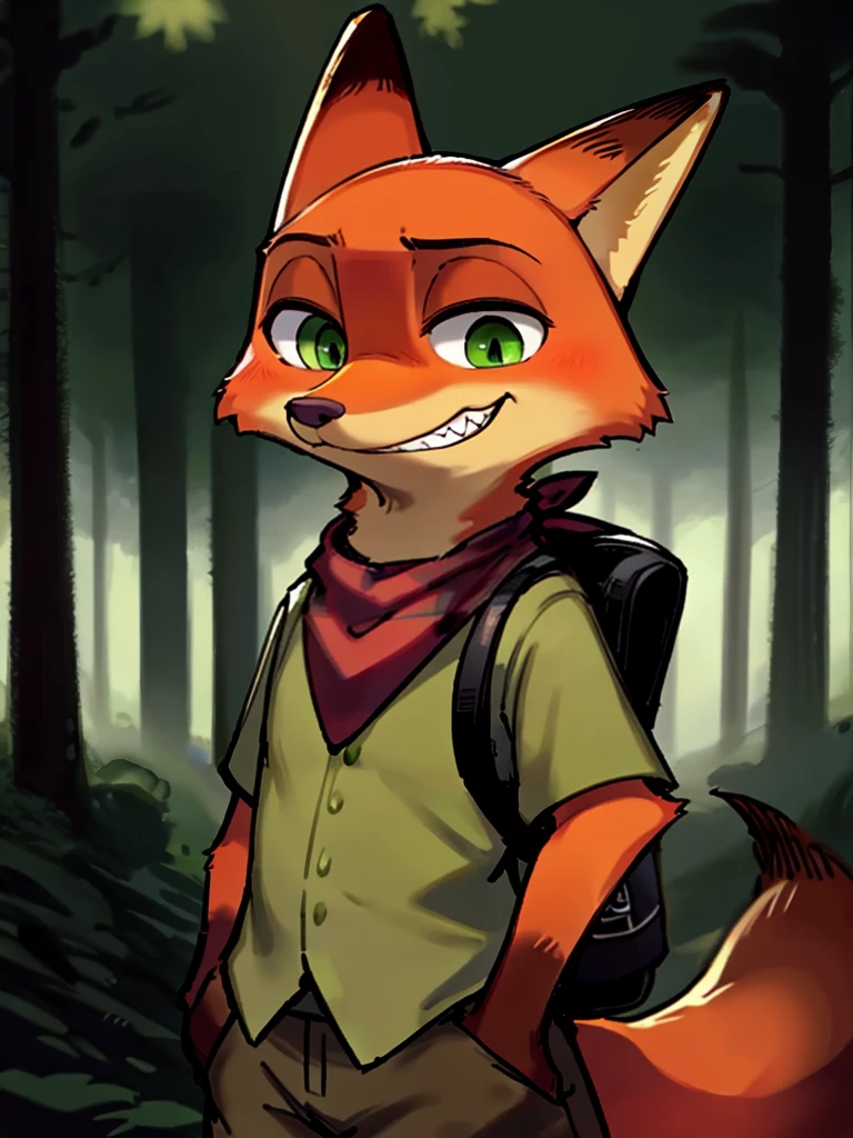 kyurisawa, forest, nick wilde, grin, green  collared shirt, green shorts, brown backpack, neckkerchief, half-length portrait, green eyes, solo,