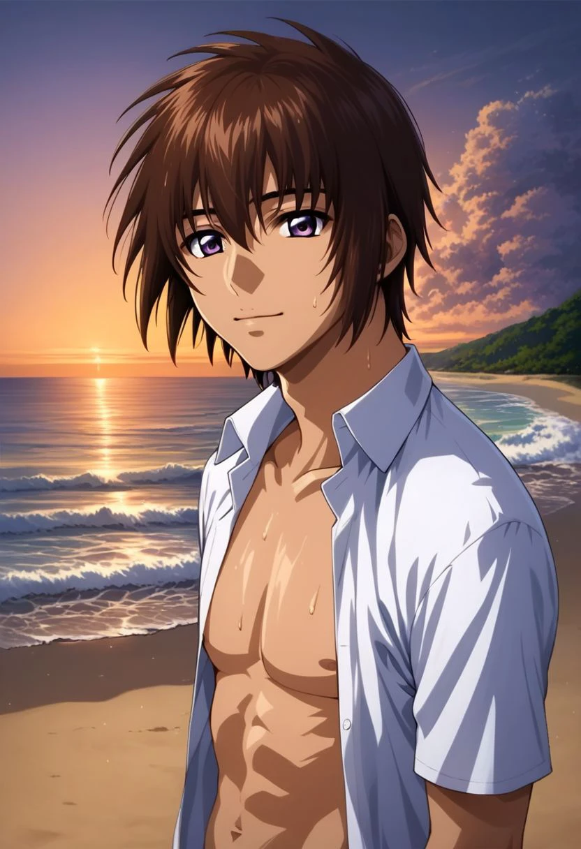 ASCII score_9, score_8_up, score_7_up, score_6_up,
source_anime, 
kira_yamato, hair parting left, open shirt, 1boy, solo, detailed eyes, purple eyes, looking at the viewer, (waist),
attractive posing, sweating, sweat,
upper body portrait,
scenery, beach, sunset,
masterpiece, best quality, very aesthetic, absurdres,