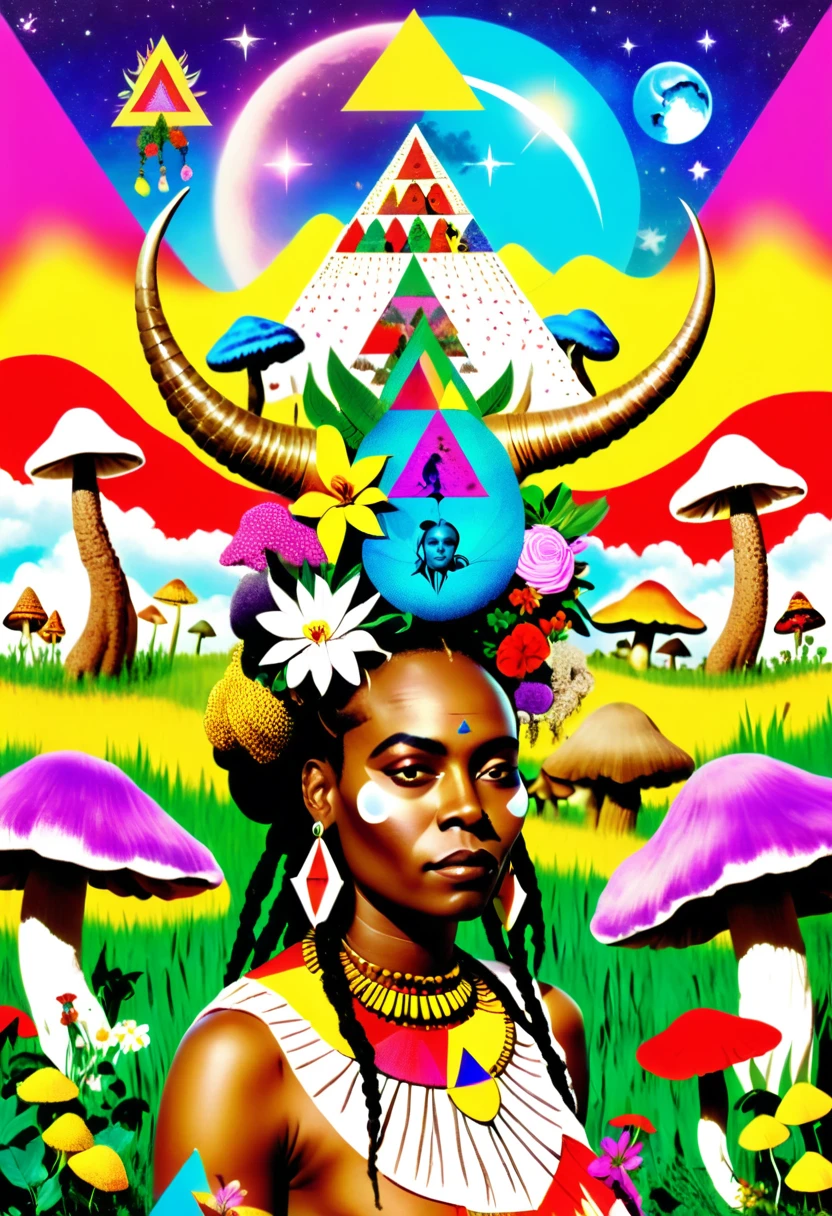 african woman with big horns and flowers in her dreadlocks hair in the middle of a field of mushrooms, Arabella Rankin, otherworldly, an album cover, aestheticism, colorful triangles and moon and stars background