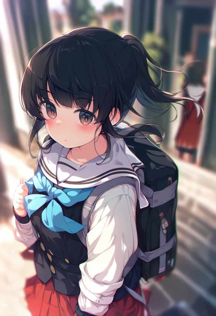 score_9, score_8_up, score_7_up, score_6_up, <lora:ogipoteXL_P6_lokr_V42310:0.95> bag, black hair, skirt, brown eyes, long hair, looking at viewer, school uniform, blush, backpack, neckerchief, ponytail, blurry, cat, parted lips, pleated skirt, serafuku, sailor collar, 1girl, red skirt, long sleeves, depth of field, white sailor collar, solo focus, blurry background, outdoors, instrument case, black cat, multiple girls, holding strap, school bag, solo, shirt