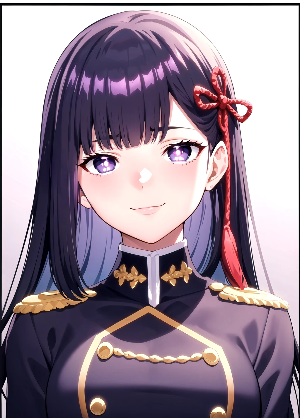 purple eyes, purple hair, Ren43Yamashiro, 1girl, solo, portrait, bangs, looking at viewer, long hair, closed mouth, bright pupils, ribbon, hair ribbon, red ribbon, white pupils, border, gradient, blunt bangs, hair ornament, gradient background, tassel, purple background, black border, black hair, high collar, smile, flower knot, shiny, sidelocks, :3, shiny hair, <lora:Ren Yamashiro anylora30r42r-000006:0.7>, uniform