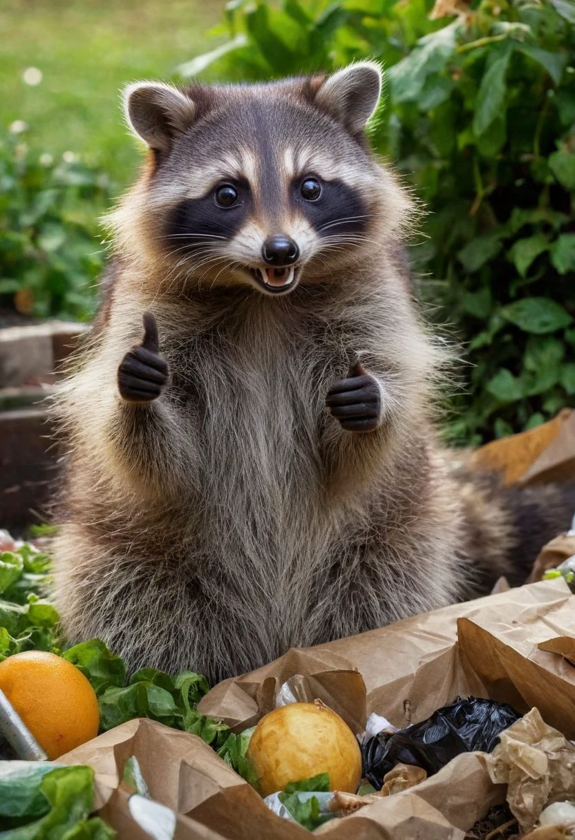 Closeup, thumb-up, a cute fluffy raccoon in the middle of a hoarder's front garden full of garbage and food scraps, the raccoon in the middle of the garbage is happy and laughs into the camera, thumb up pose,
very detailed, hd, RAW photograph, masterpiece, top quality, best quality, official art,highest detailed, atmospheric lighting, cinematic composition, complex multiple subjects, 4k HDR, vibrant, highly detailed, Leica Q2 with Summilux 35mm f/1.2 ASPH, Ultra High Resolution, wallpaper, 8K, Rich texture details, hyper detailed, detailed eyes, detailed background, dramatic angle, epic composition, high quality , (8k, RAW photo, highest quality), hyperrealistic,