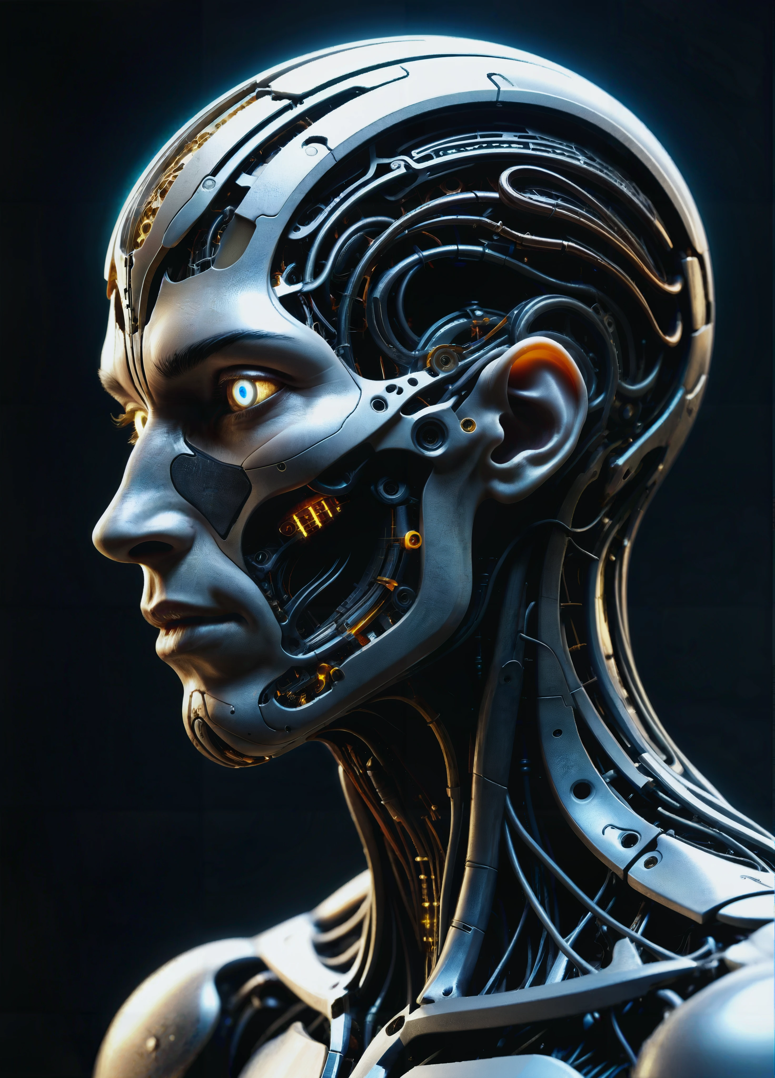A Bio-Triumph: Flesh and Metal Merged
This figure isn't just human , it's a marvel of bio-engineering. Its head is a canvas of contrasting textures:
Bio-Mechanical Masterpiece: Skin, a marvel of artificial construction, stretches taut over a bio-mechanical skull. It's smooth and realistic, mimicking human flesh tone, but with a subtle sheen that betrays its synthetic nature.
Metallic Mane: Hair, a striking departure from the organic, is crafted from a shimmering metallic alloy. Each strand is intricately detailed, catching the light and glinting with a thousand metallic highlights.
Cybernetic Eyes: The most captivating feature is the pair of bio-mechanical eyes. Their bio-organic shells seamlessly integrate with the artificial skin. Inside, a marvel of engineering unfolds:
Metallic Iris Diaphragm: The irises themselves are a marvel of metallic craftsmanship, meticulously detailed with intricate patterns or circuit designs. Imagine a swirling vortex of copper or a clockwork gearwork etched in silver.
Highly Detailed Iris: These aren't simple metallic discs. Zoom in and see the intricate details - microscopically engraved data streams, bioluminescent veins pulsing with a soft inner light, or even tiny gears turning within the iris itself.
Data Streams and Power:
Fiber Optic Arteries: Data flows freely through the figure. On either side of the head, highly intricate and detailed fiber optic cables snake out like bio-mechanical tendrils. These "arteries" of information shimmer with internal light, pulsing in rhythm with the data coursing through them.
Data Nodes: Embedded at the ends of these cables are the data connection nodes. Imagine sleek, metallic ports that glow faintly with a soft, internal light whenever data is transferred.
Bare Forehead and the Mark:
The forehead, a stark contrast to the metallic hair, remains bare. This smooth expanse of artificial skin might be unmarked, or perhaps adorned with a single, meaningful tattoo. This tattoo, a stark black design against the pale canvas, could hint at the cyborg's origin, purpose, or even a personal rebellion against its synthetic nature.
futuristic, scifi, intricate, elegant, majestic,
Masterpiece; award winning art, award-winning glamour photograph, civitai fusion style, brilliant composition,
highly detailed; extreme,
octane render, zbrush, blender, 3d,post-processing,
HDR; lightning; volumetric; cinematic; ray tracing; RTX;radiant light rays,subsurface scattering,soft edge lighting,
realistic shadows; deep shadows,
vibrant colors,
high-res, 8k,16k,32k,