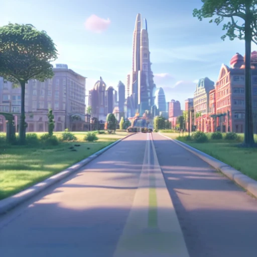 zootopia, scenery, no humans, outdoors, building, city, tree, road, sky, grass, day, lamppost