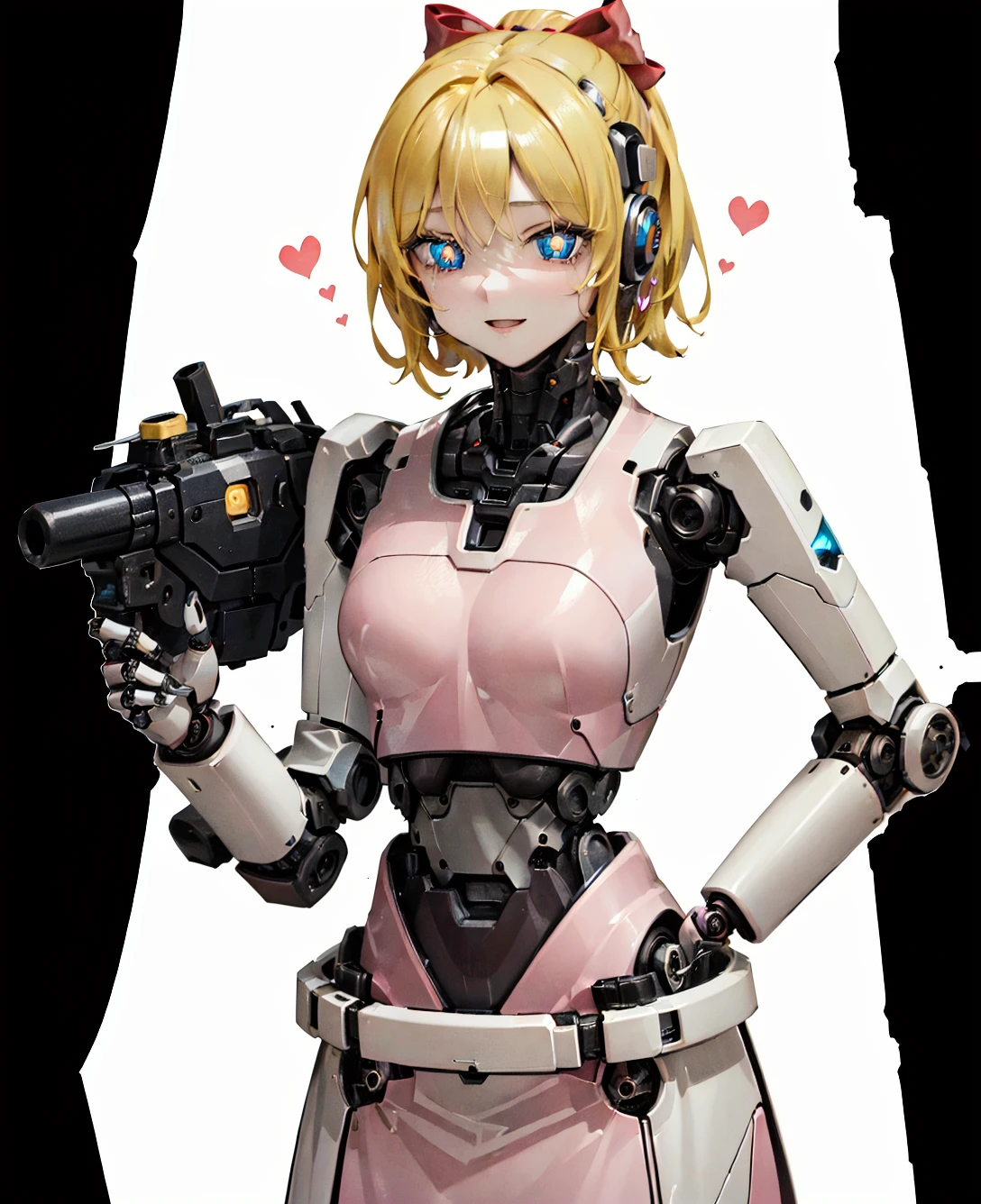 (android girl \(itou\), capuche, heart brooch, clothed robot:1.9), (wide shot, beautybot, turning head, awkward, wide-eyed, robot ears, hair bow:1.5), In this extremely detailed and intricate romanticism masterpiece, the artwork shows the a lovely clothed android princess is getting ansty. Pinkish robotic princess seems so elegant, giving off dignity of novelwoman around her. Detailed, beautiful white face with flickering blue pupils shows how embarrassed she is now. Religious robe, worn on cutting-edge mechanical body, tightens and accentuates this robotic kid's idealized feminine chassis. Blonde hair and intricate robot joints catch the light under ektachrome, creating a stunning reflective sheen. Contrast and harmony between her white and pink skin and patly revealed silvery chrome mechanical parts is clearly showing that she is extremely well-produced, cutting-edge creation of art and technology. (ð¤:1.2), <lora:SM-Beautybot(Merge):0.42>, (mechanical parts, chrome metal, shiny skin, kingsman 2:1.3), (porcelain skin:1.4), robot girl, android, (robot joints, 1other:1.15), red ribbon, blonde hair, robotic reveal, reflective sheen, mechanical skirt, (metallic texture:1.35)