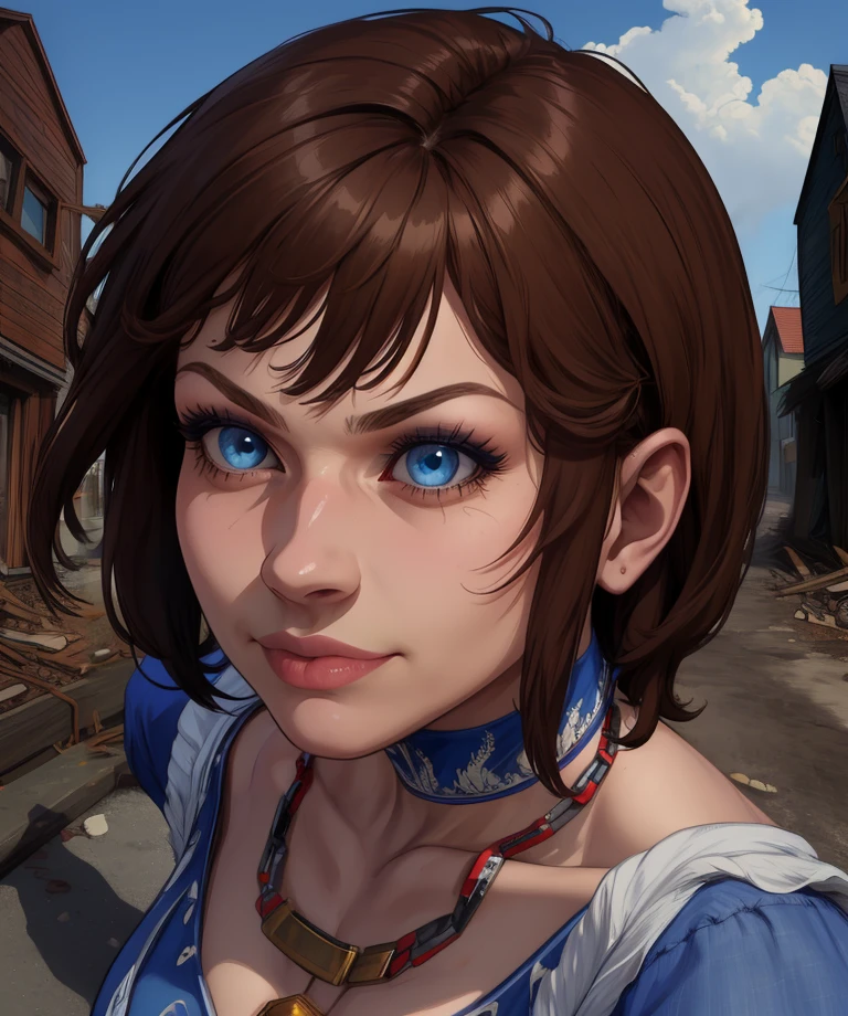 Olivia,brown hair,blue eyes,
choker,belt,skirt,blue shirt,short white dress,necklace,
morning,western town,post-apocalypse,
(insanely detailed, beautiful detailed face,,masterpiece, best quality) solo,<lora:Olivia:0.9>,