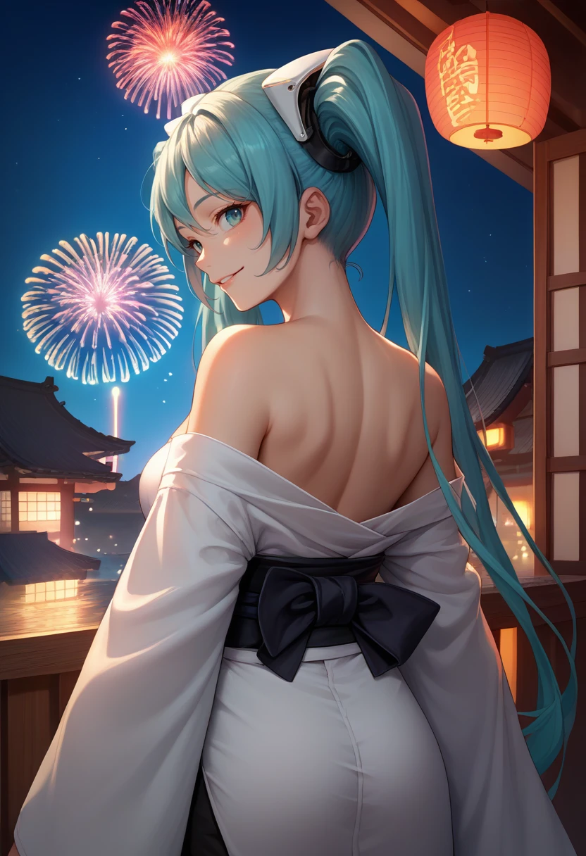 score_9, score_8_up, score_7_up, source_anime, from behind, solo, 1girl, racingmiku2022, smile, looking back, twintails, white kimono, off shoulder, black sash, bare shoulders, fireworks <lora:vocaloid_racingmiku2022_ponyXL:1>