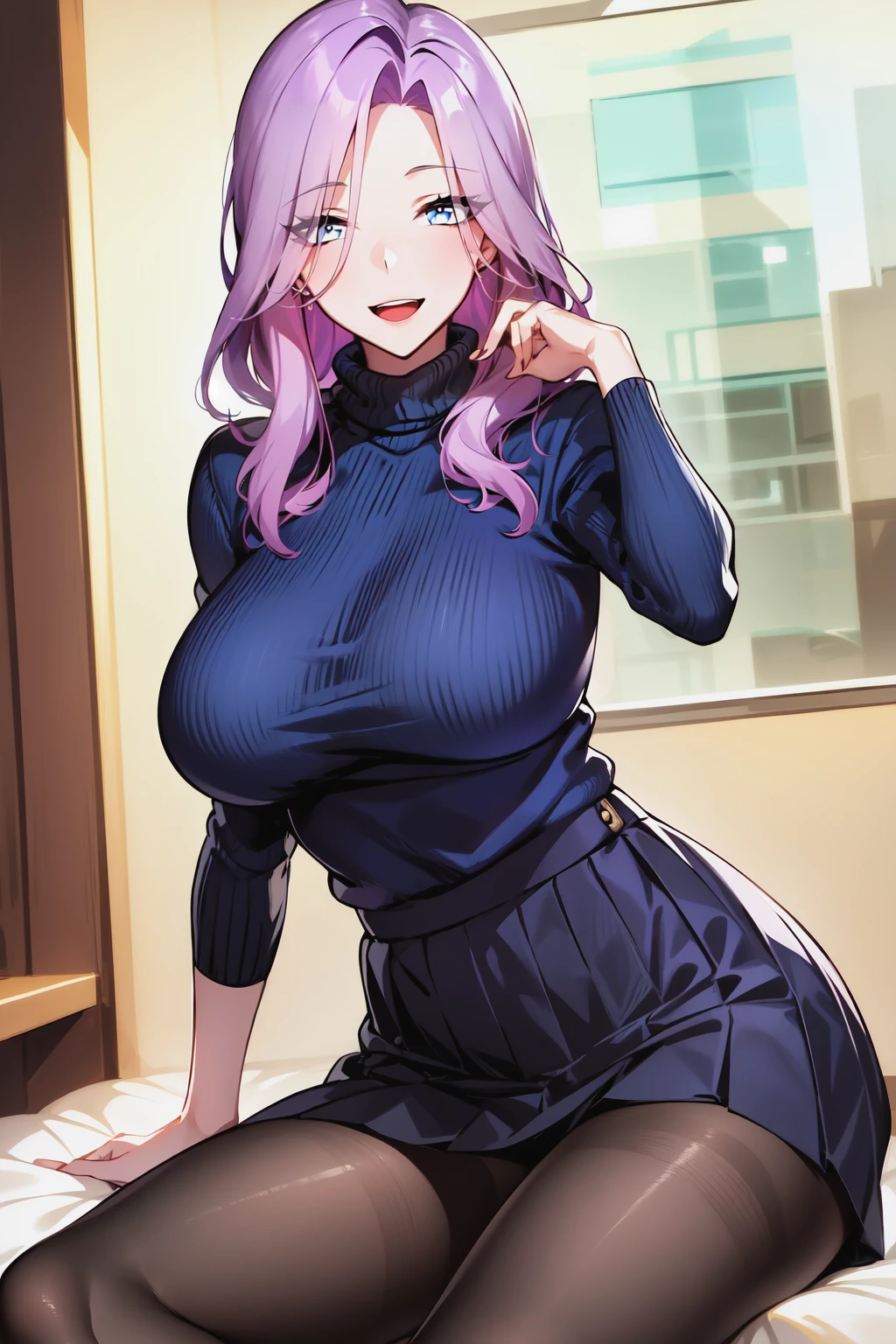 1girl, solo, large breasts, sexy pose, sweater, turtleneck sweater, pleated skirt, pantyhose, head tilt, purple hair, blue eyes, sitting, office,
<lora:Jade v0.5 (SD 1.5):1>, looking at viewer, smile, open mouth,