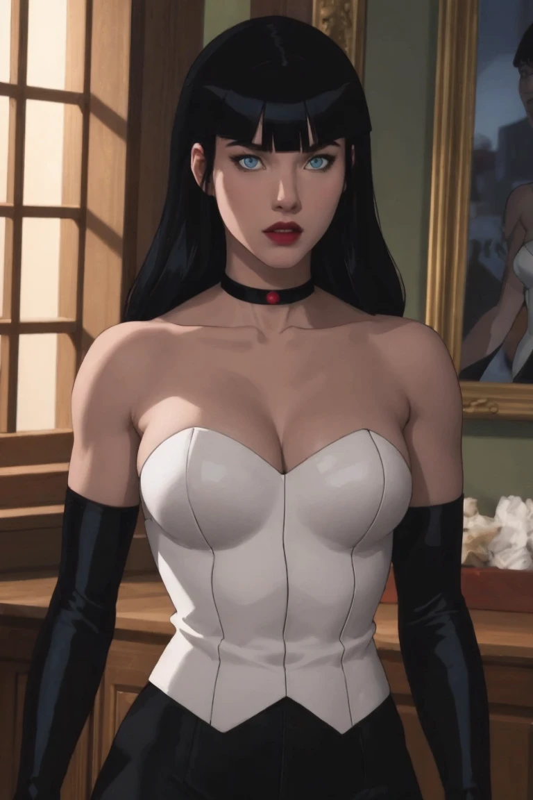 masterpiece, best quality, high quality, highres, upper body, looking at viewer, twilight, sunset,
CARTOON_DC_JL_ZatanaDark_ownwaifu, www.ownwaifu.com,
1girl, black hair, long hair, breasts, bangs, blunt bangs, blue eyes, lipstick, dress, makeup, large breasts, collarbone, hime cut, lips, black lips, white dress, toned, muscular,
choker, bare shoulders, cleavage, elbow gloves, gloves, detached sleeves, strapless, black collar, black gloves, fingerless gloves, pants, strapless dress,
<lora:CARTOON_DC_JL_ZatanaDark_ownwaifu-15:0.8>