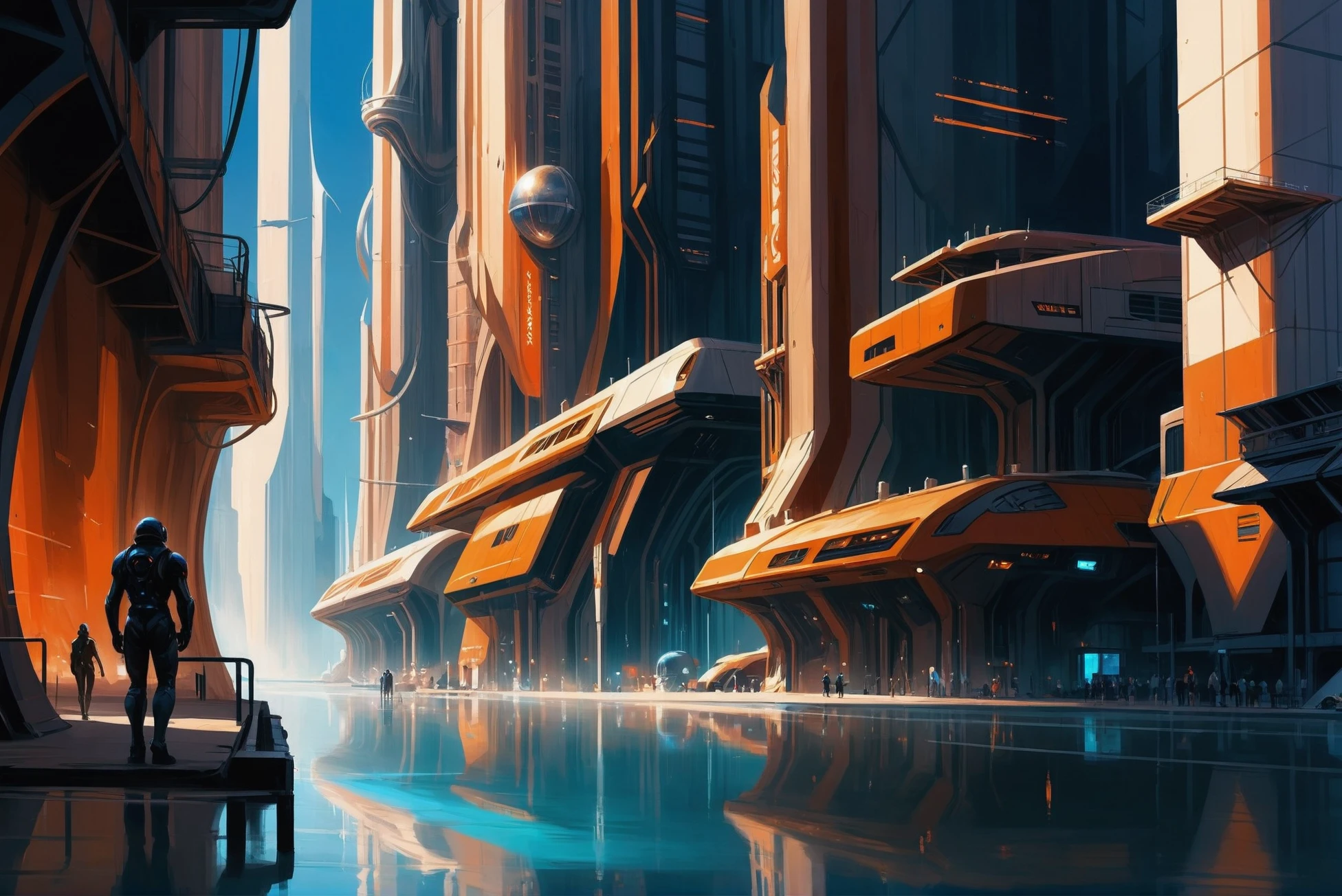 digital painting, scifi city, vertical,idyllic scifi town at the beginning of time<lora:EnvyStarlightScifiAesthetic03:1>