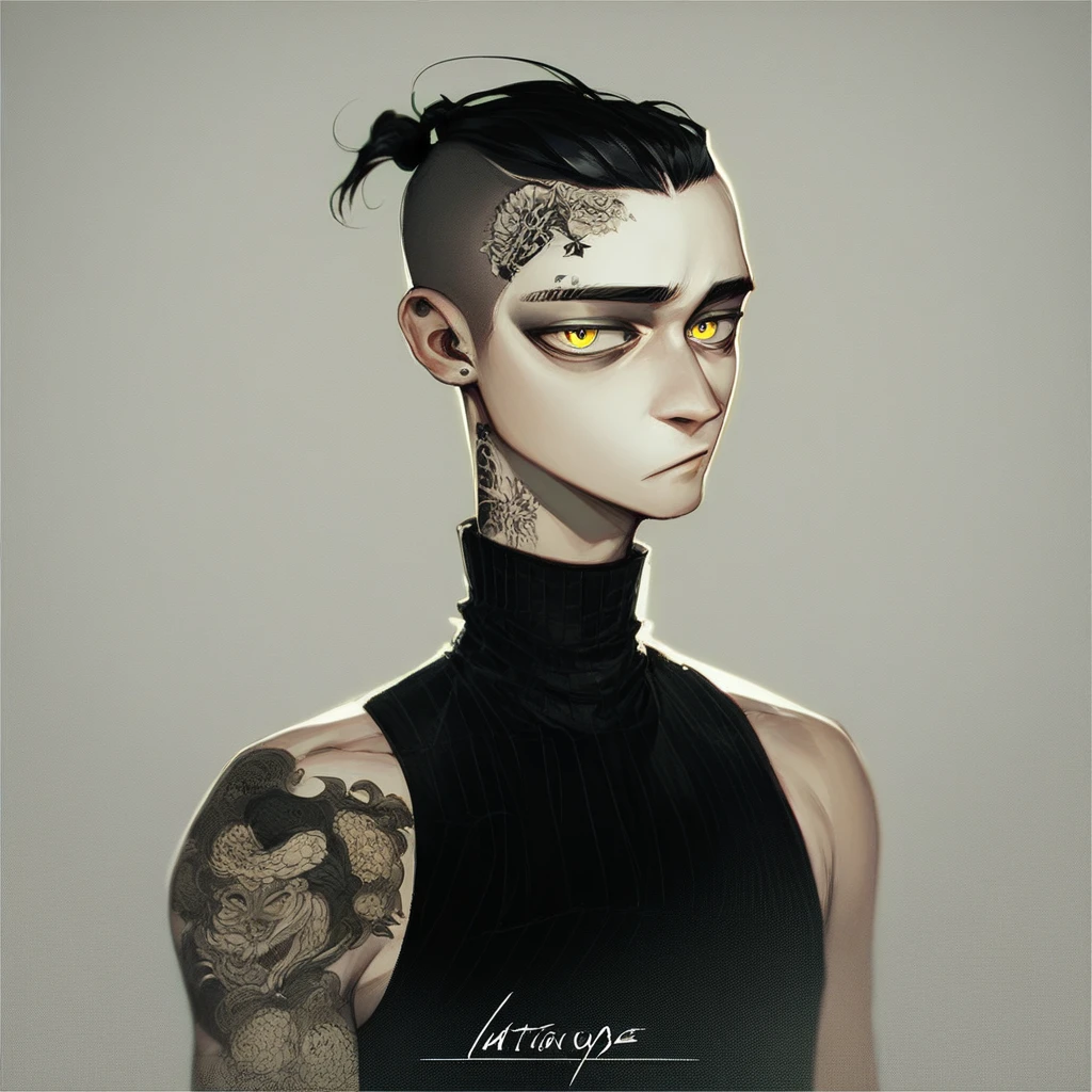 (((beautiful, high quality))), score_9, score_8_up, score_7_up, 1boy, skinny guy, black hair, shaved temples, yellow eyes, black neck tattoos, black turtleneck, gallery background,, detailed background