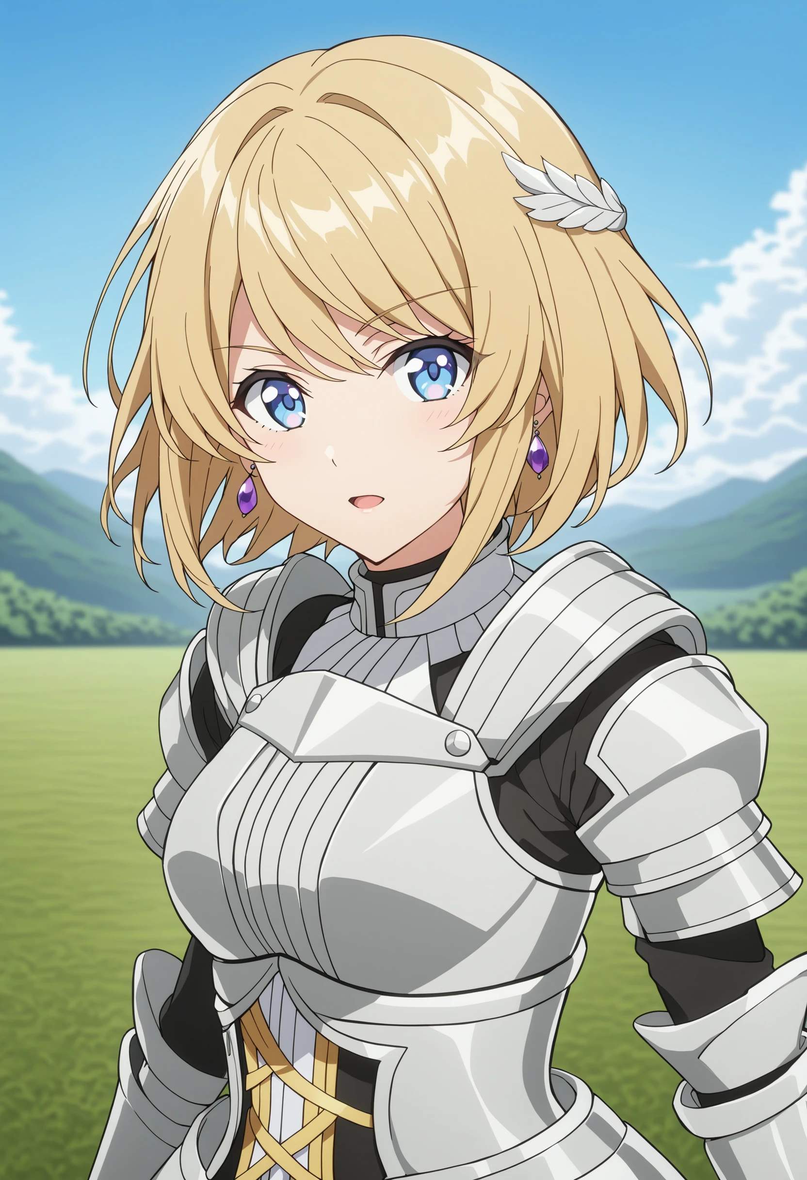 sysdeep_jeanne, 1girl, solo, looking_at_viewer, open_mouth, short_hair, blue_eyes, blonde_hair, jeanne_ornament, jewelry, outdoors, earrings, blurry, armor, blurry_background, anime_coloring, <lora:Jeanne D Arc - [Compass] - SDXL Version 1:1>