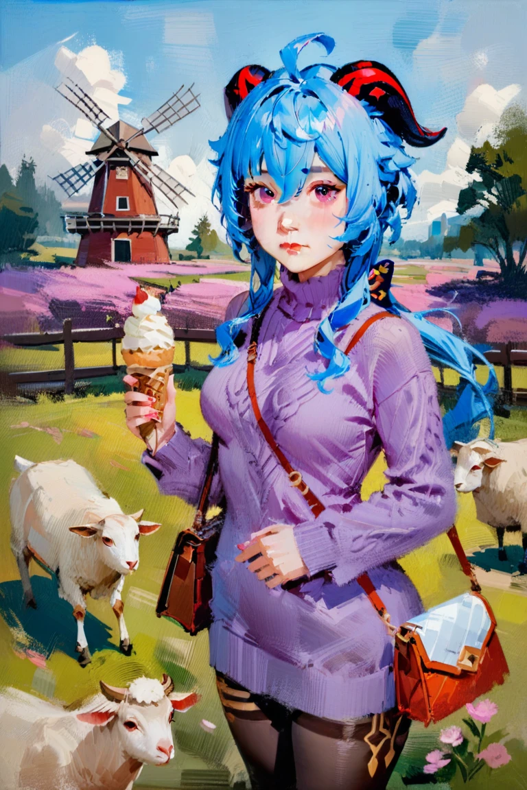 oil_painting, oil-painting-style,(masterpiece, best quality),
1girl, ganyu \(genshin impact\), solo, outdoors, long hair, goat horns, ice cream, horns, flower, purple eyes, blue hair, sweater, petals, looking at viewer, pantyhose, food, bag, turtleneck, ahoge, bangs, blush, windmill, purple flower, sheep, turtleneck sweater, holding, fence, breasts, cloud, day, long sleeves, sky, handbag, shoulder bag, building, falling petals, cowboy shot, closed mouth, floating hair, dress, animal, black pantyhose, purple sweater, hair between eyes, pink flower, medium breasts, standing, sidelocks, cable knit, blue sky, tree, holding food