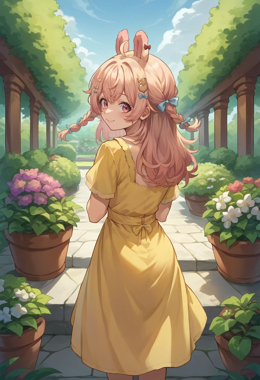 score_9, score_8_up, source_anime, PippaPipkin, long hair, braid, ahoge, hair ornament, hair bow, from behind, yellow sundress, garden, day, sunshine, smile, looking back, <lora:ChamPippaPipkinPonyXL-000008:1>