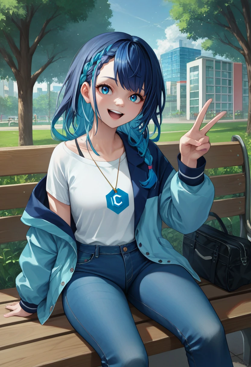 score_9, score_8_up, score_7_up, source_anime, solo, 1girl, civitai-chan, happy, looking at viewer, upper teeth, sitting, park bench, v, braided bangs, blue jacket, off-shoulder jacket, white shirt, jeans, outdoors <lora:gijinkaseries_civitai_ponyXL:0.9>