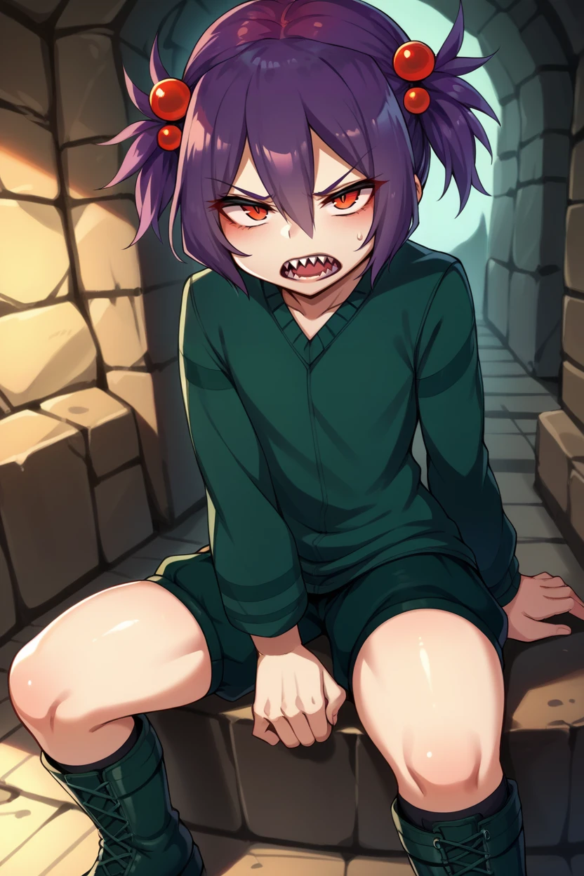 score_9, score_8_up, score_7_up, score_6_up, source_anime, BREAK 1girl,  <lora:mccavespider-pdxl-nvwls-v1-000005:1> spid3r, short twintails, purple hair, hair bobbles, green sweater, green shorts, looking at you, cave interior, cave, sitting, green boots, open mouth, sharp teeth, confused