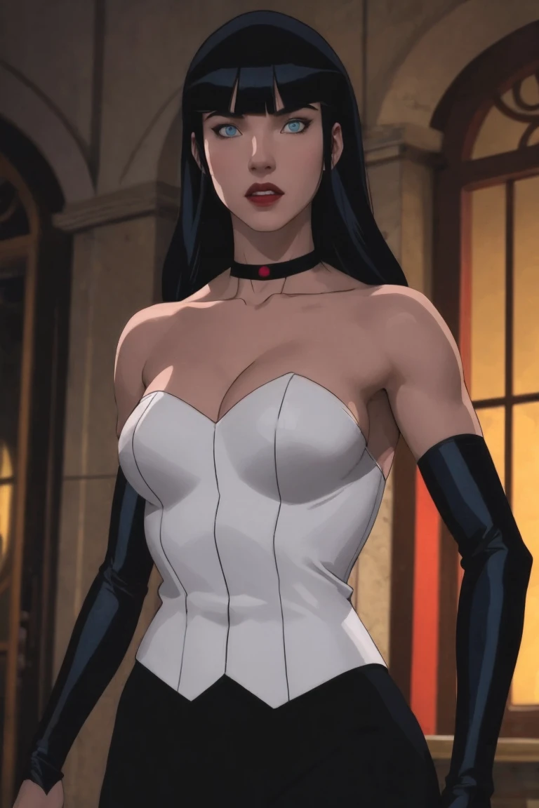 Woman, looking at the viewer, Long hair, slender, red lips, flirting with the camera, white sclera, dark makeup, white choker, jewelry, white intricate foliage filigree embroidered, sleeved, lace sheer v-neck, catsuit, unitard, confident, seductive, dominant, intimidating