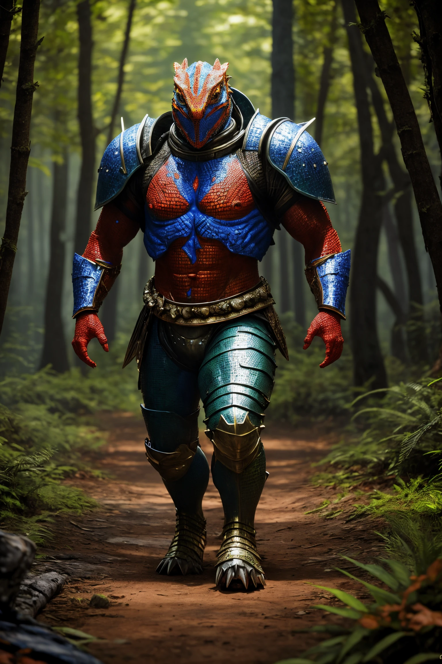 photorealistic Masterpiece, (Bipedal warrior lizard general in dented armor plate:1.2), Muscular body, (Walking inside forest with people), (Red and blue skin texture:1.2), 8k render in octane, Volumetric lighting, Volumetric shadows . highly detailed, lifelike, precise, accurate