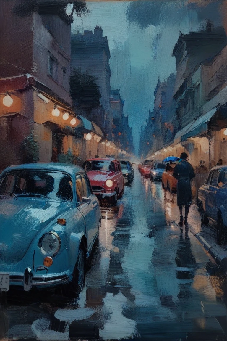 oil_painting, oil-painting-style,(masterpiece, best quality),
The image depicts a rainy night scene in a city, The street is lined with buildings, and the lights from the buildings shine brightly against the dark sky, There are cars parked on the side of the street, and the wet sidewalk reflects the street lights, The painting is done in an impressionist style, characterized by the use of brushstrokes to capture the essence of the scene rather than the fine details, The colors are muted, adding to the peaceful and serene atmosphere of the painting, The overall mood of the painting is one of tranquility and calmness,