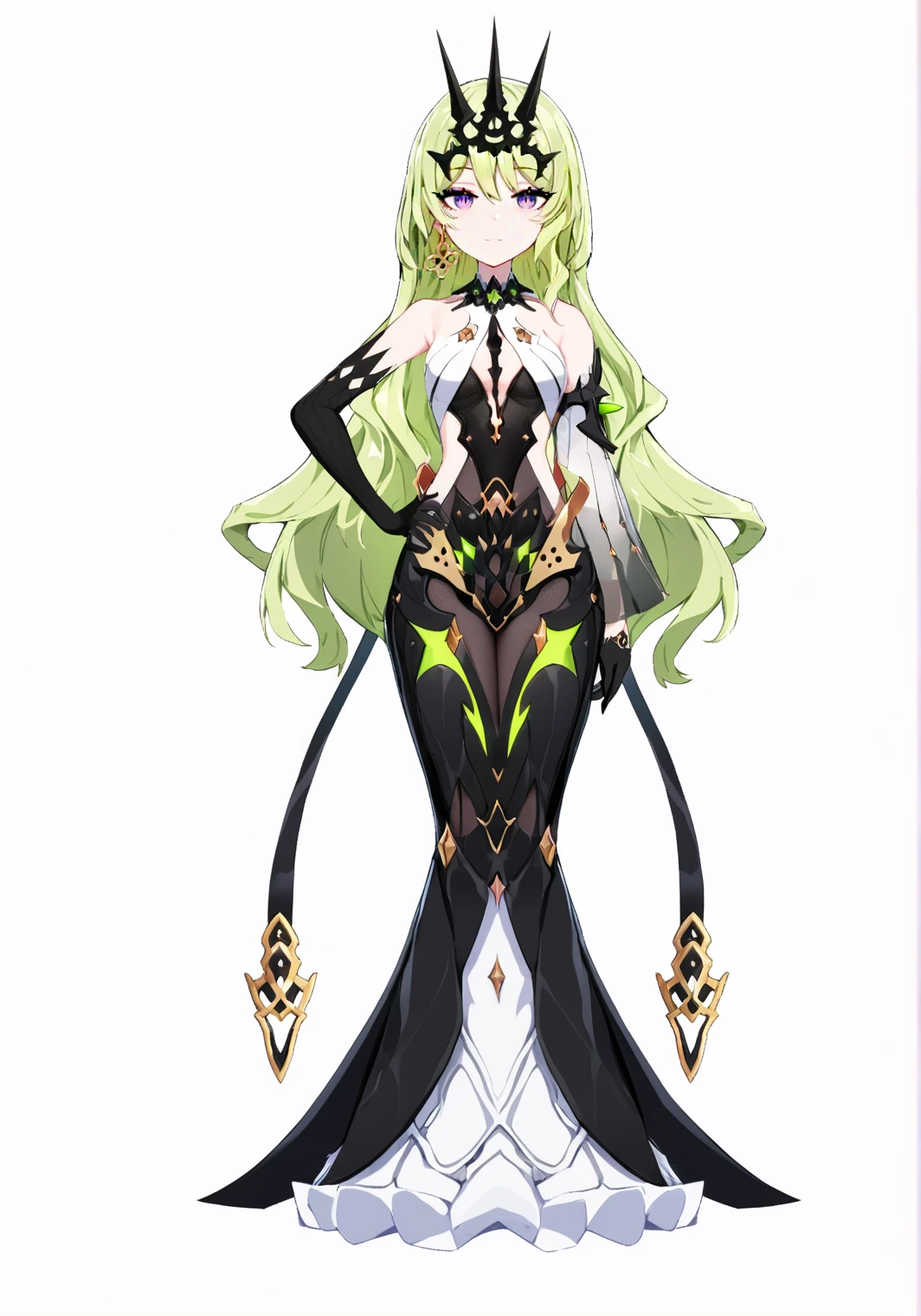 score_9, score_8_up, score_7_up, score_6_up, 8k,
8k, best quality, masterpiece, (ultra-detailed), (high detailed skin), white background, simple background,
(full body), (white background), standing, looking at viewer, (solo), hand on hip,
<lora:mobiusre-A3-Tanger:0.8>, mobius, mobius's def clothes, black Trident Crown, 1girl, gloves, long hair, green hair, black gloves, black dress, earrings, vertical pupil, purple eyes,
beautiful_face, intricate_detail, clear face,
finely_detailed, fine_fabric_emphasis,
full_shot,