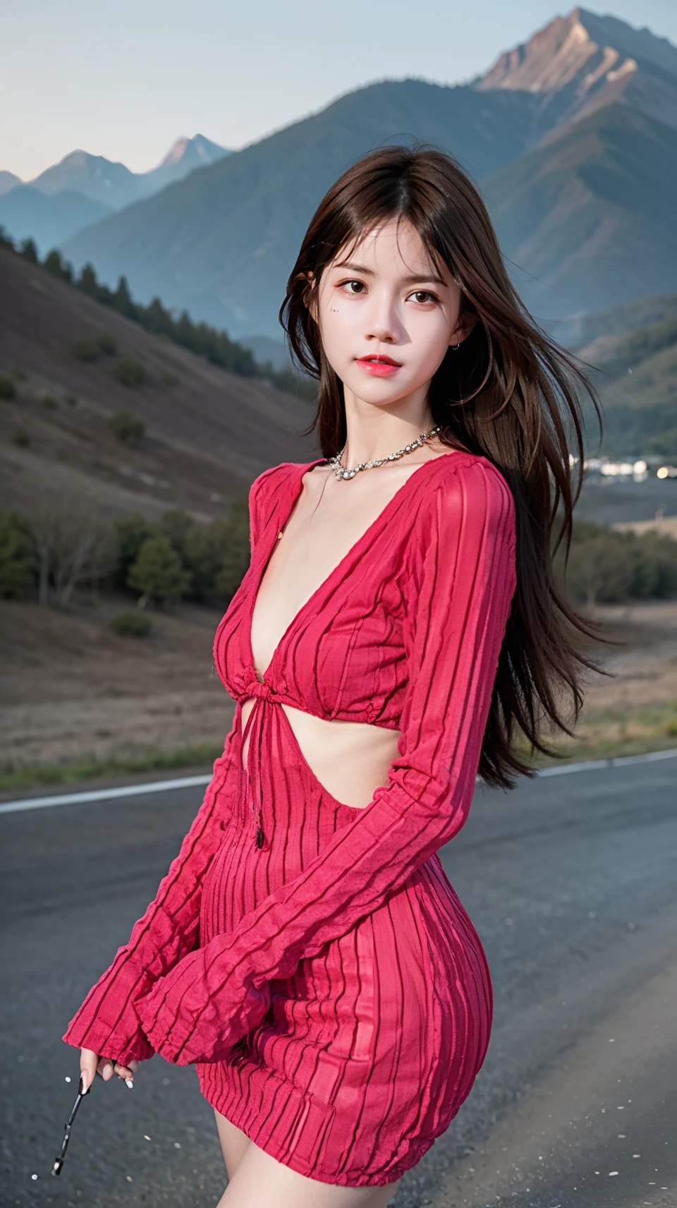 masterpiece,best quality,bright colors,solo,photo_,(1girl:1.3),(standing:1.3),(looking at viewer:1.4),Elegant,detailed gorgeous face,(cowboy shot:1.4),realistic,(mountain background:1.3),nature,,MIS,dress,cross,long sleeves,<lora:MIS50:0.75>