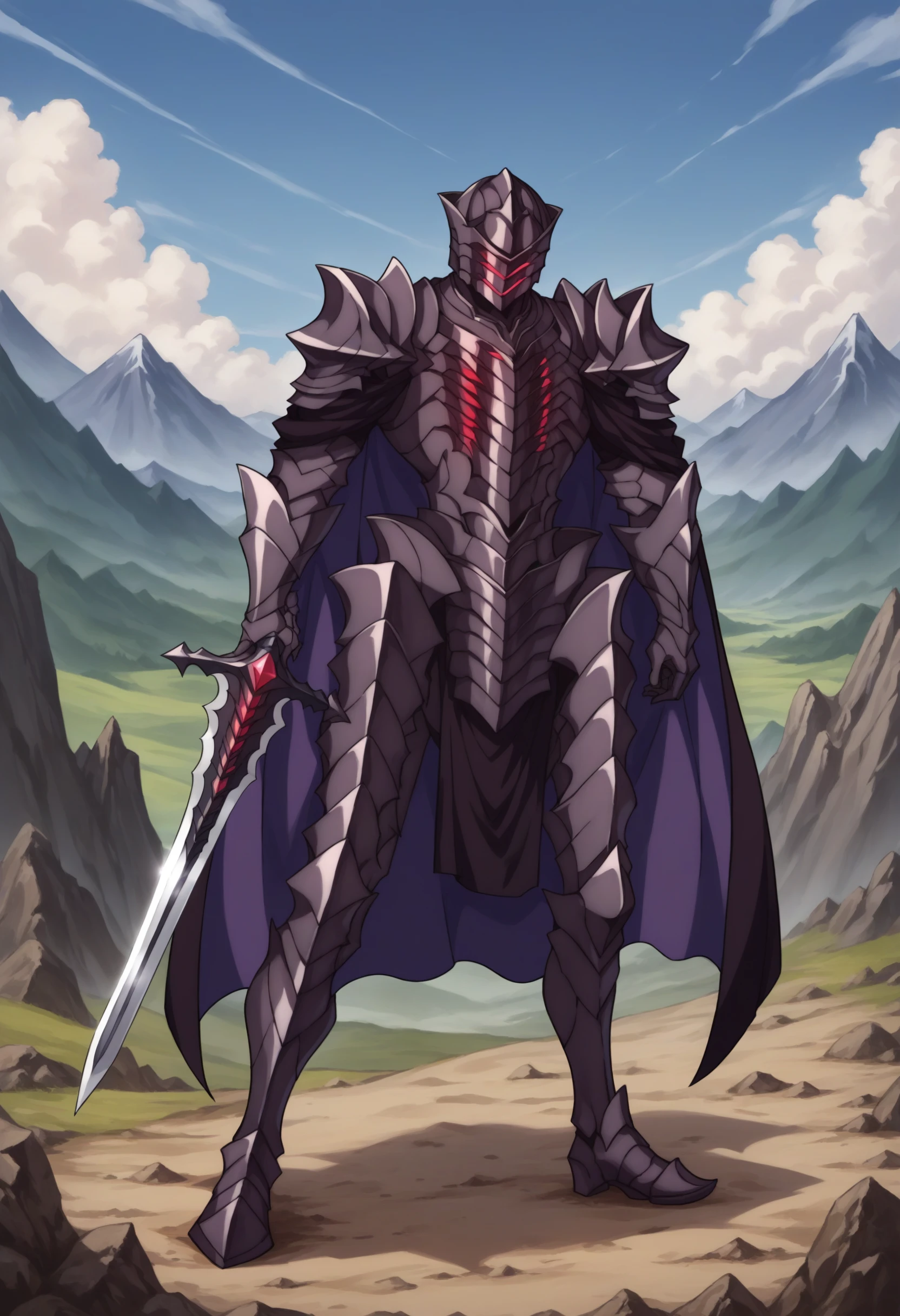 score_9, score_8_up, source_anime, BlackKnight, helmet, full armor, black armor, shoulder armor, gauntlets, armored boots, cape, outdoors, mountains, holding sword, <lora:ChamFelmPonyXL-000007:0.8>