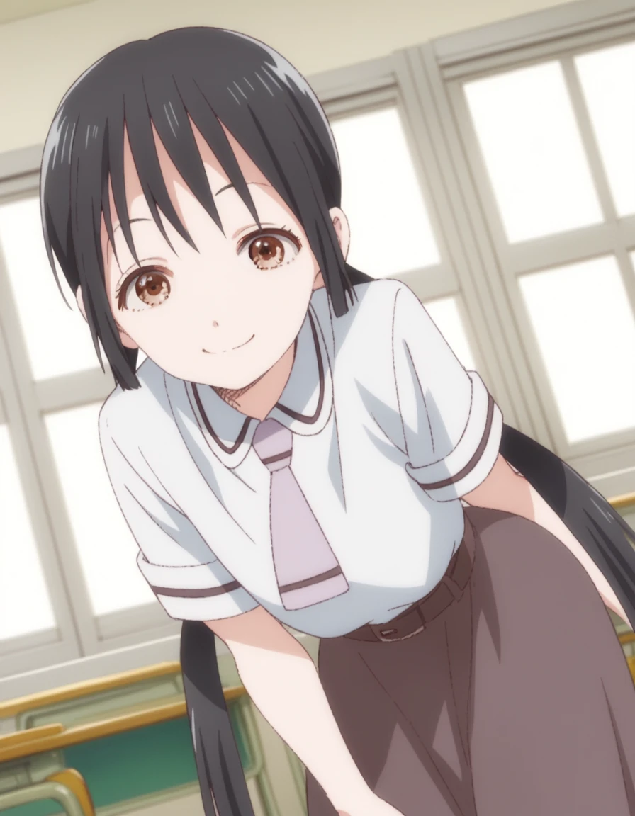 score_9, score_8_up, score_7_up, source_anime,
hanakohonda, <lora:hanako-honda-s1-ponyxl-lora-nochekaiser:1>,
hanako honda, long hair, black hair, twintails, brown eyes, low twintails,
dress, school uniform, necktie, belt,
indoors, classroom, bent over, smile,
looking at viewer, cowboy shot, dutch angle, solo,
