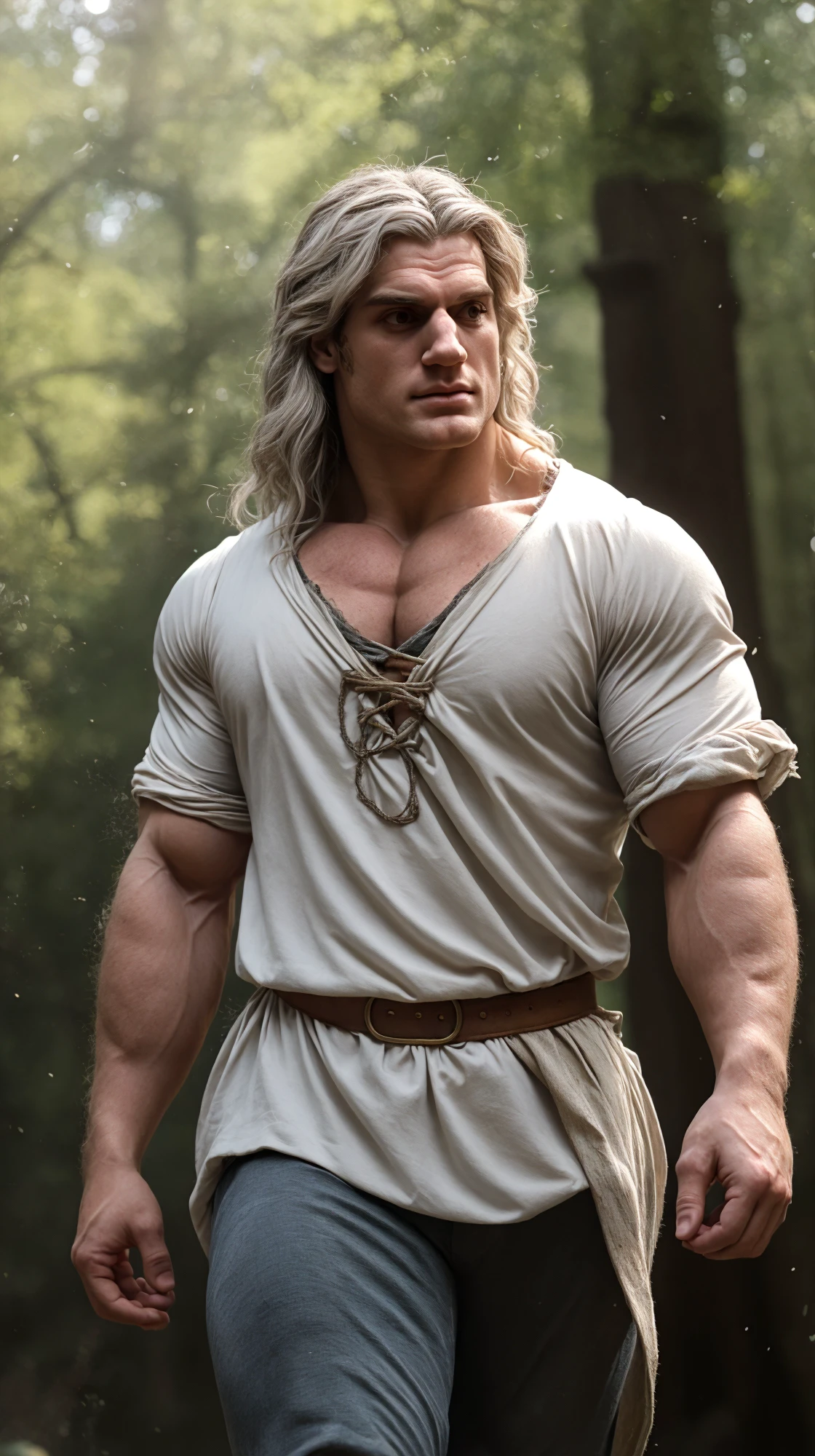 handsome face, walking in forest, (big muscles:1.1), (romantic lighting:1.3), (sunny day:1.2), (bodybuilder guy wearing loose medieval shirt:1.3), (medieval theme:1.3), (fantasy them:1.2), confident, handsome, wind blowing, (((masterpiece))), (((best quality))), messy loose medium length silver hair:1.2, male, caucasian, white guy, dirty, sweaty, ripped clothes:1.2, <lora:GeraltRiviaHenrycavill (1):0.9>, GeraltRiviaHenrycavill