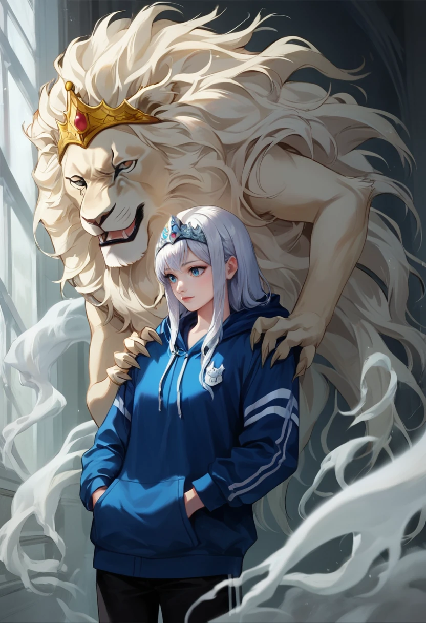 masterpiece,best quality,highly detailed,score_9,score_8_up,score_7_up,score_6_up,source anime,
BREAK
(1girl:1.2),hoodie,white hair,(crown:1.2),cowboy shot,lion,claws,ghost lion,hands on another's shoulders,background,
<lora:GodrickPony1.0:0.7>,