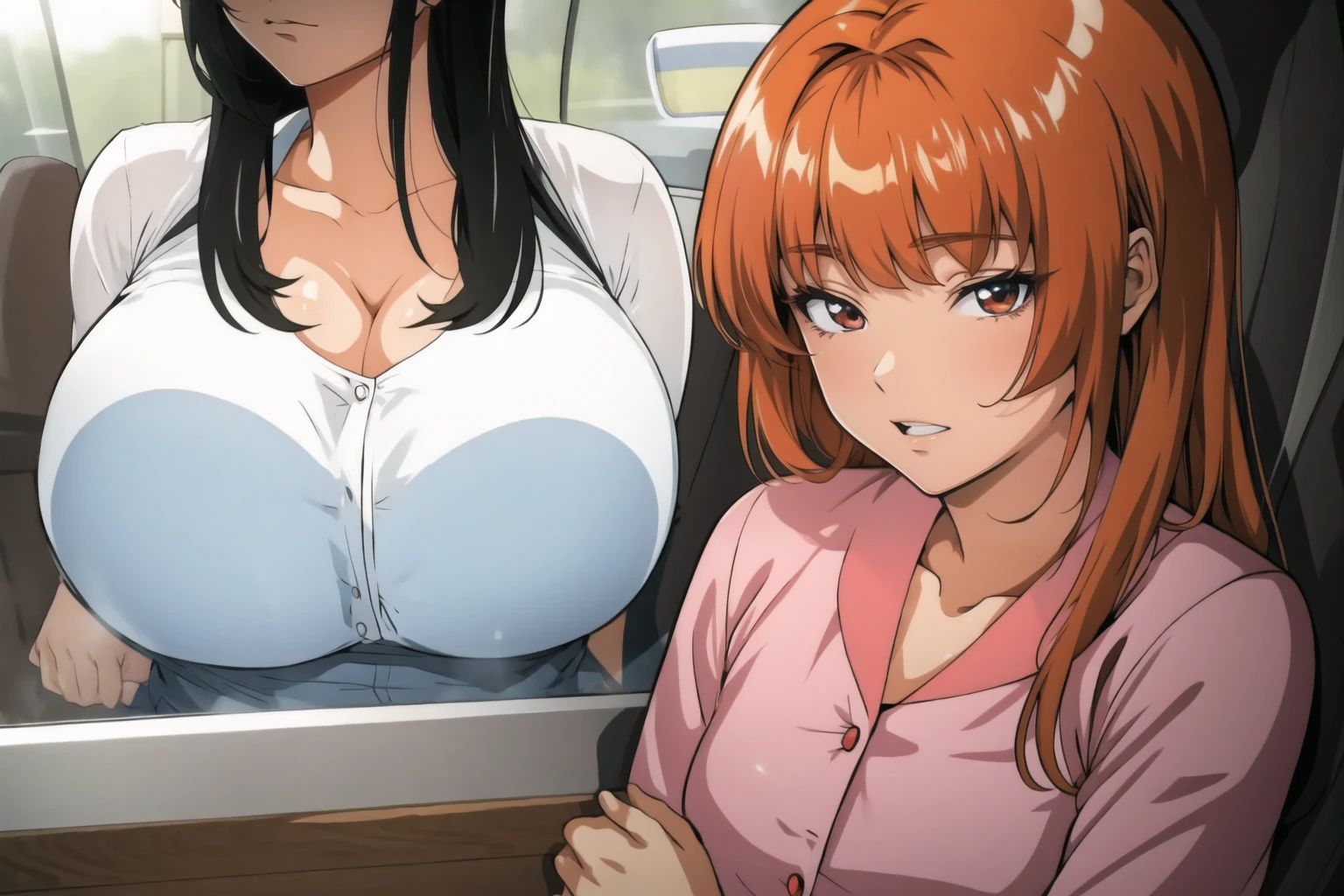 <lora:wsob-10:0.8>,wsob,2girls,close-up,<lora:Hentai_Style__Ano_Danchi_no_Tsuma-tachi_wa..._The_Animation:0.8>,ano danchi style,tatsumi style BREAK
1girl,large breasts,breasts on glass,breasts squeezed together,head out of frame,breast press,against glass,inconvenient breasts,bursting breasts,black hair,long hair BREAK
1girl,small breasts,orange hair,red eyes,long hair,blunt bangs,car interior,wide eyes,surprised