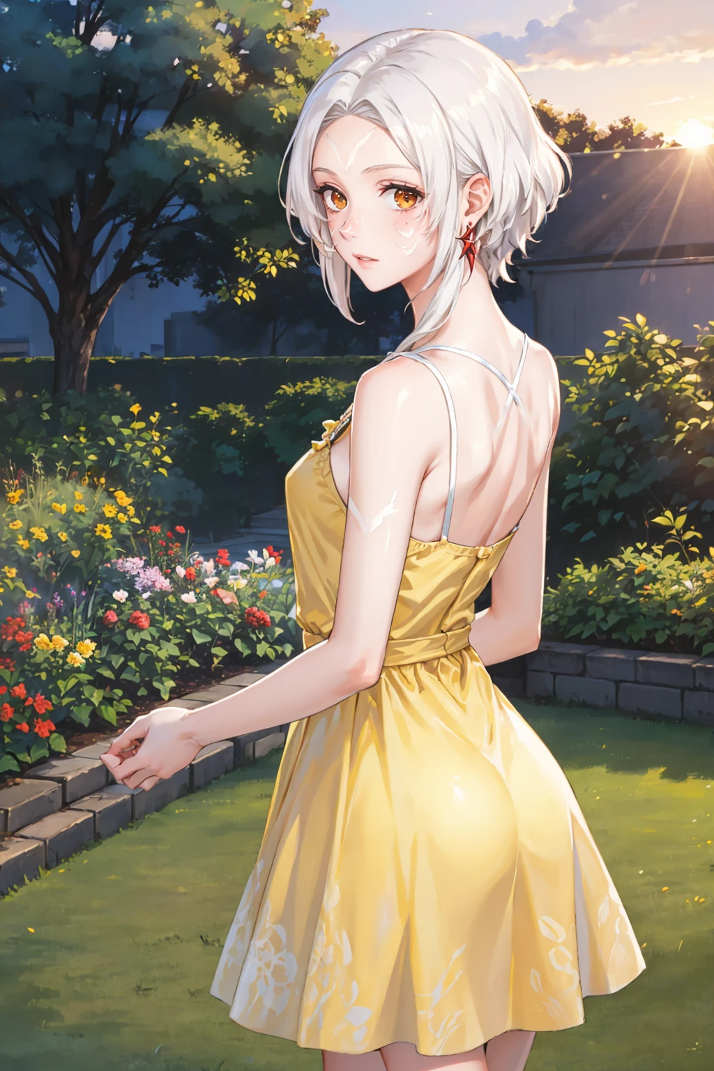 masterpiece, best quality, <lora:arval-nvwls-v1-000009:0.9> arval, white hair, pale skin, facial mark, earrings, (yellow sundress:1.25), from behind, garden, sunset, blush