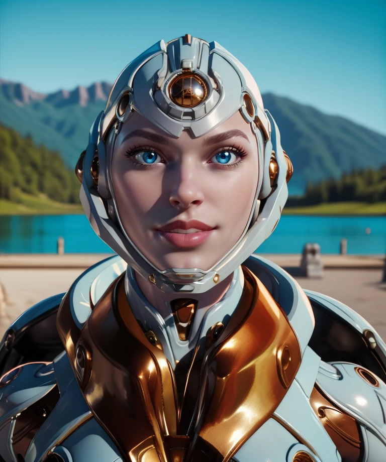 muriel,blue eyes,helmet,lips,white armor,
science fiction,joints,shiny, close up,  light smile, 
upper body,looking at viewer,
outdoors,lake,utopia,
(insanely detailed, masterpiece, best quality),<lora:Muriel:0.9>,