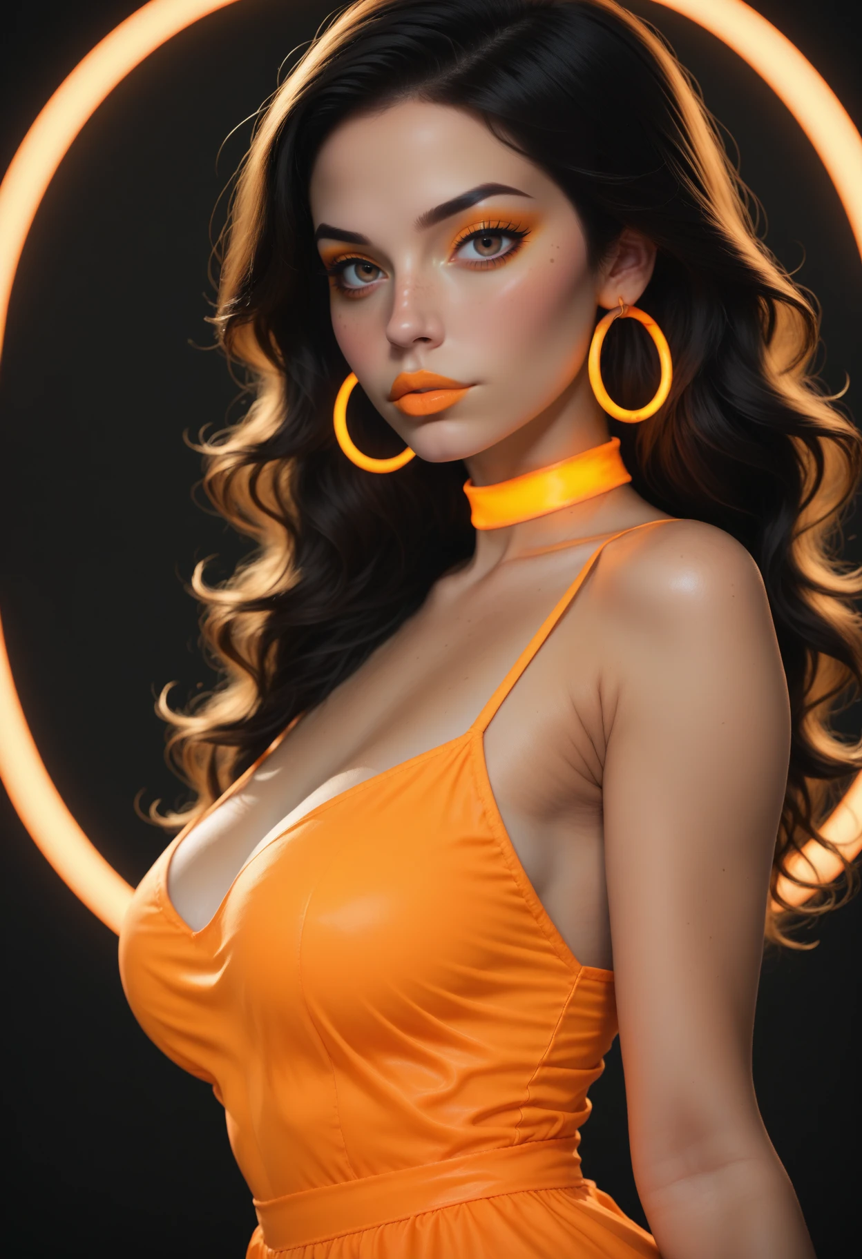 score_9, score_8_up, score_7_up,  (glowing neon orange hoop earrings), glowing neon orange lipstick, glowing neon orange makeup, source_photo, realistic, 1girl, solo, 21yo, Australian girl, freckles, large lips, beautiful eyes, brown eyes, black hair, long wavy hair, large breasts, fit girl, tanned skin, ((glowing neon orange dress)), (glowing neon orange choker), (simple blurred background, depth of field), ((naughty expression, looking at viewer, sexy pose, from side, dynamic angle)), erotic, elegant, sensual, seductive, bright colors, high contrast, (black background), vivid lighting, zPDXL, <lora:lukethighwalkerneonponyv5:0.5>